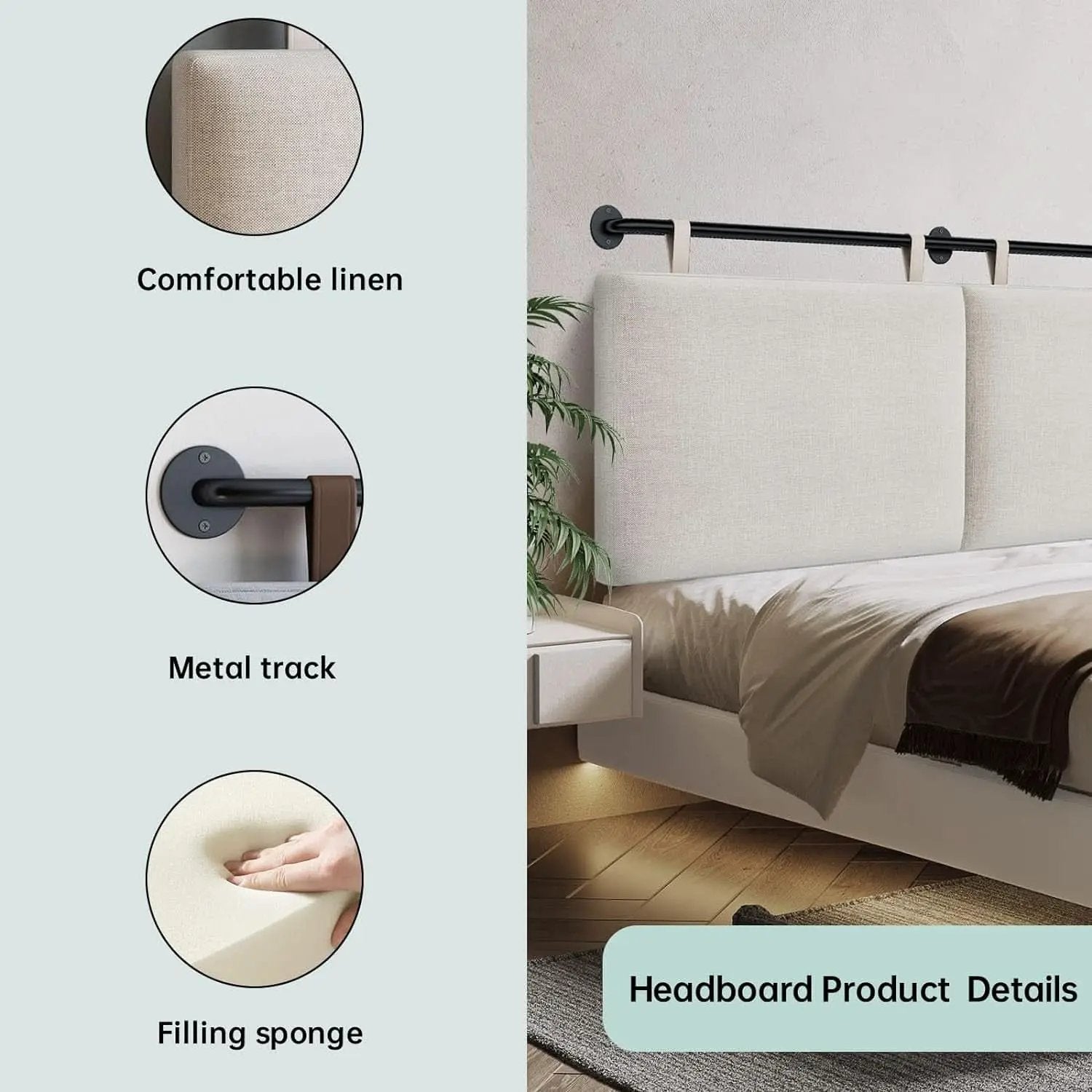Linen Upholstered King Headboard Wall Mounted Bedroom Decor from PriceLows™