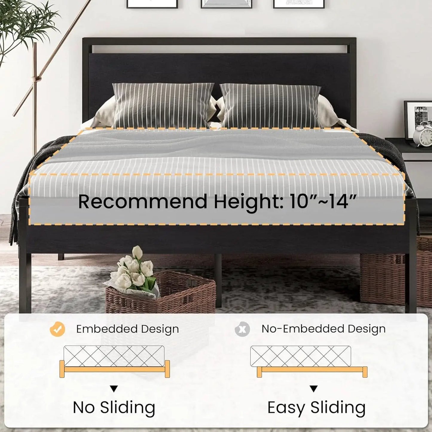 Sturdy Metal Platform Bed Frame With Wooden Headboard 800Lb from PriceLows™