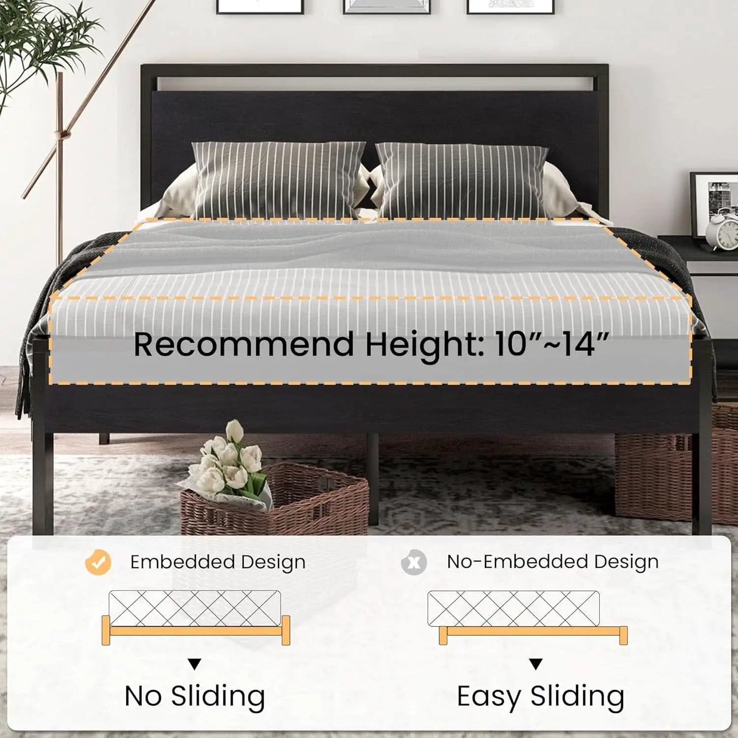 Queen Metal Platform Bed Frame With Storage Black Oak from PriceLows™