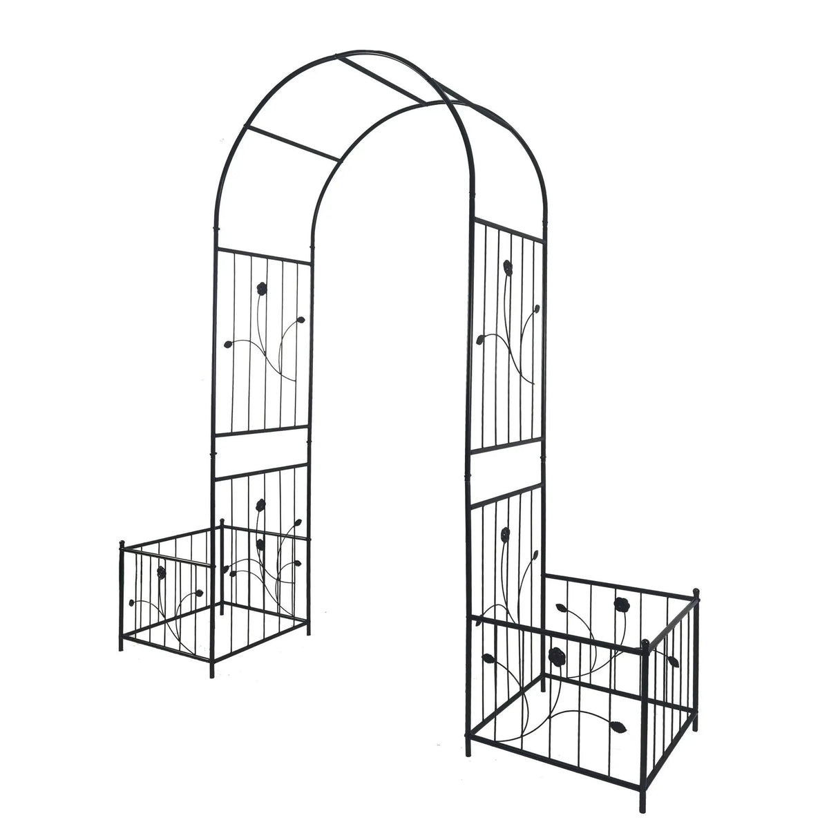 Metal Garden Arch With Plant Stands | Black | 79.5 Inch Width | Dual Planter Stands