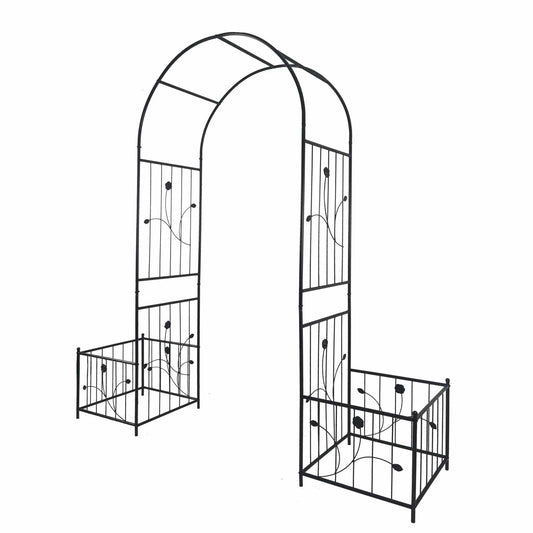 Metal Garden Arch With Plant Stands | Black | 79.5 Inch Width | Dual Planter Stands