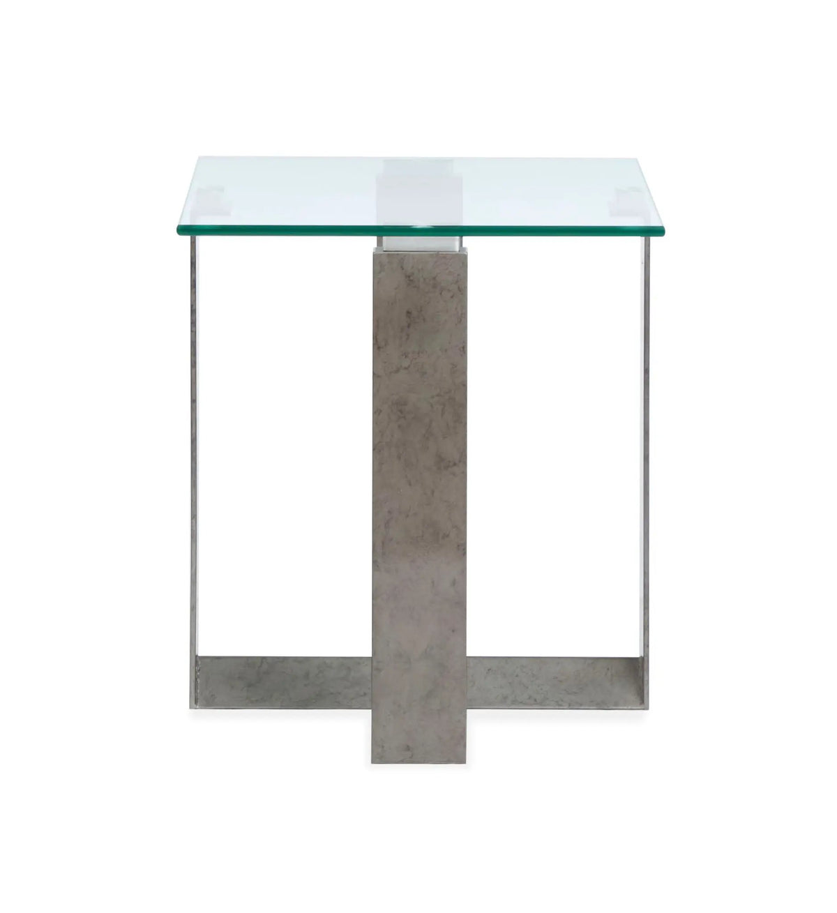 Holden Rectangular End Table | Aged Pewter Metal Frame | Tempered Glass Top | Triangular Base