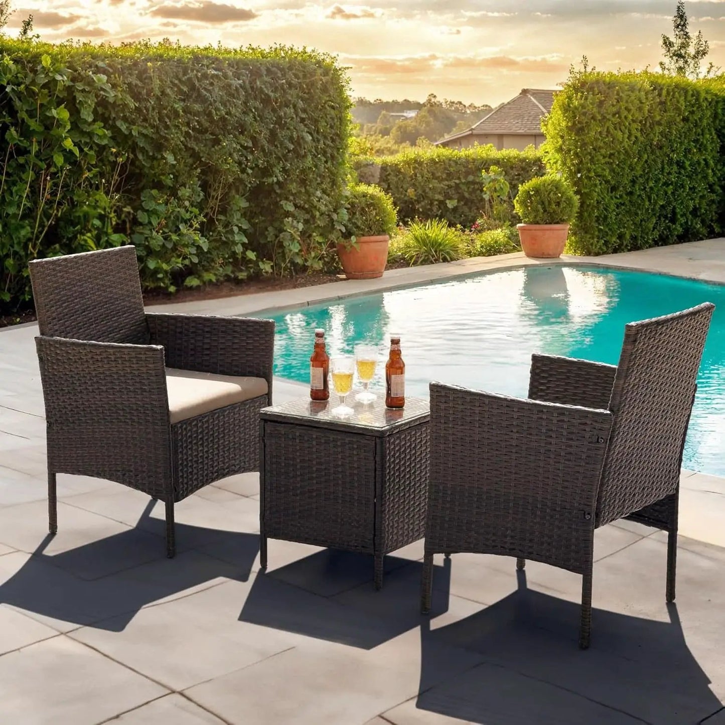 Patio Set 3 Piece All Weather Rattan Glass Table Brown from PriceLows™