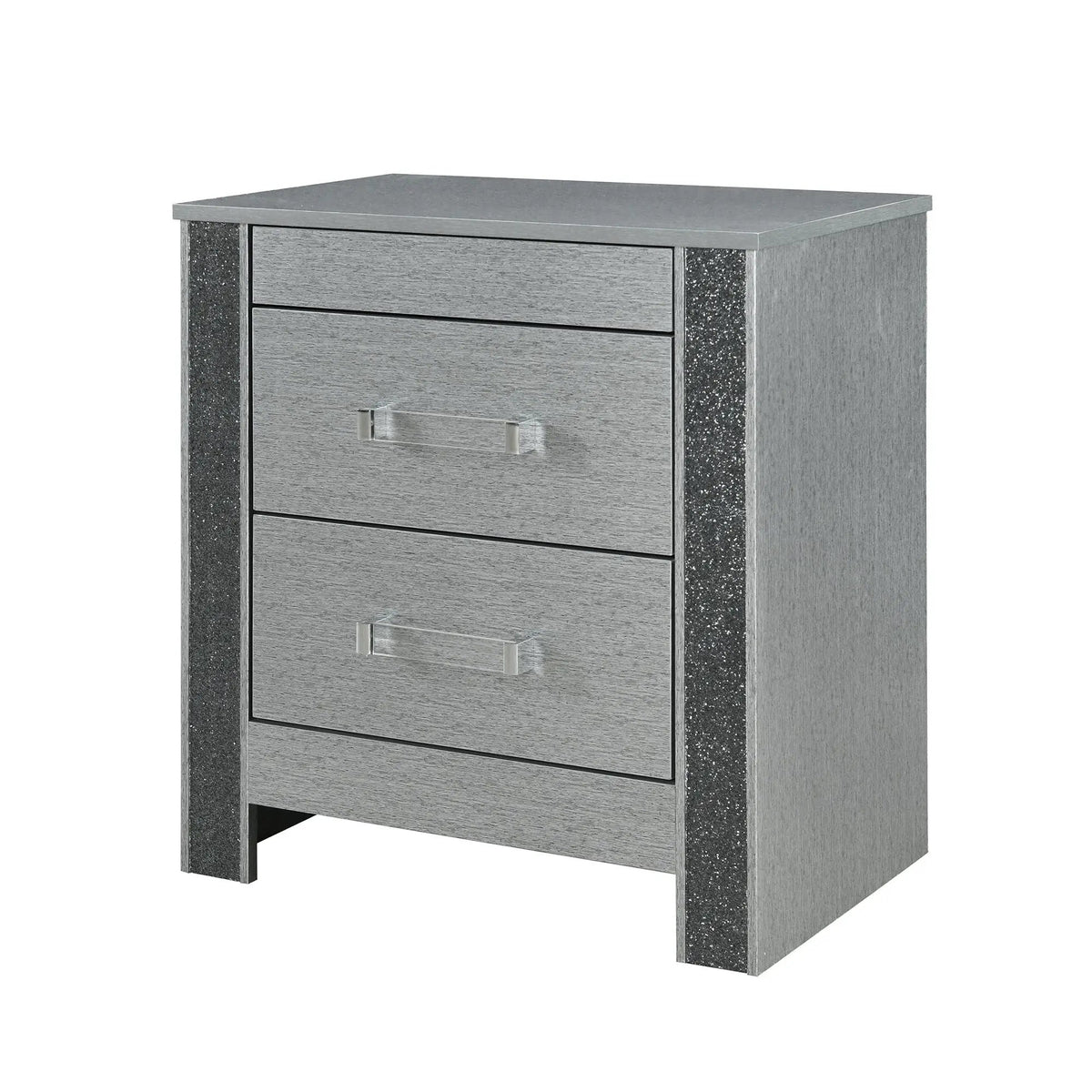 Lorenzo Nightstand | Silver Finish | Hidden Jewelry Compartment | Acrylic Bar Handles