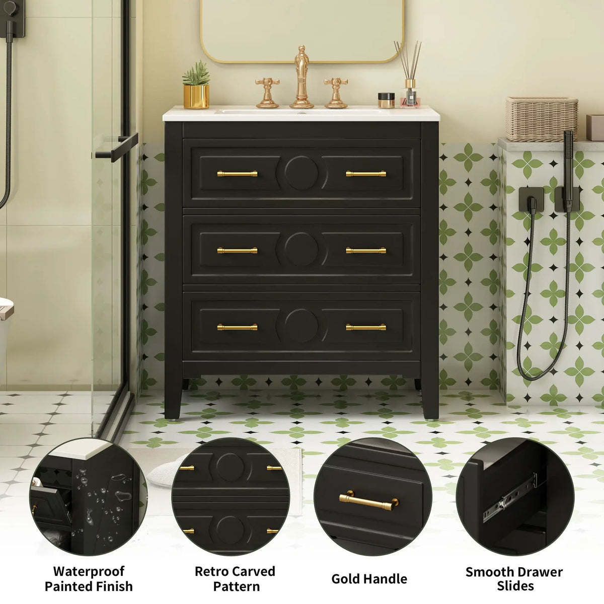 30 Inch Retro Bathroom Vanity | Free Standing Single Set | 3 Drawers | Solid Wood Frame
