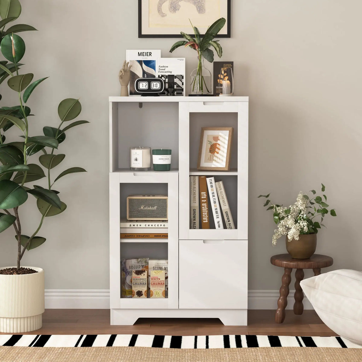 Modern Storage Cabinet | Adjustable Shelves | Double Glass Doors | Gray