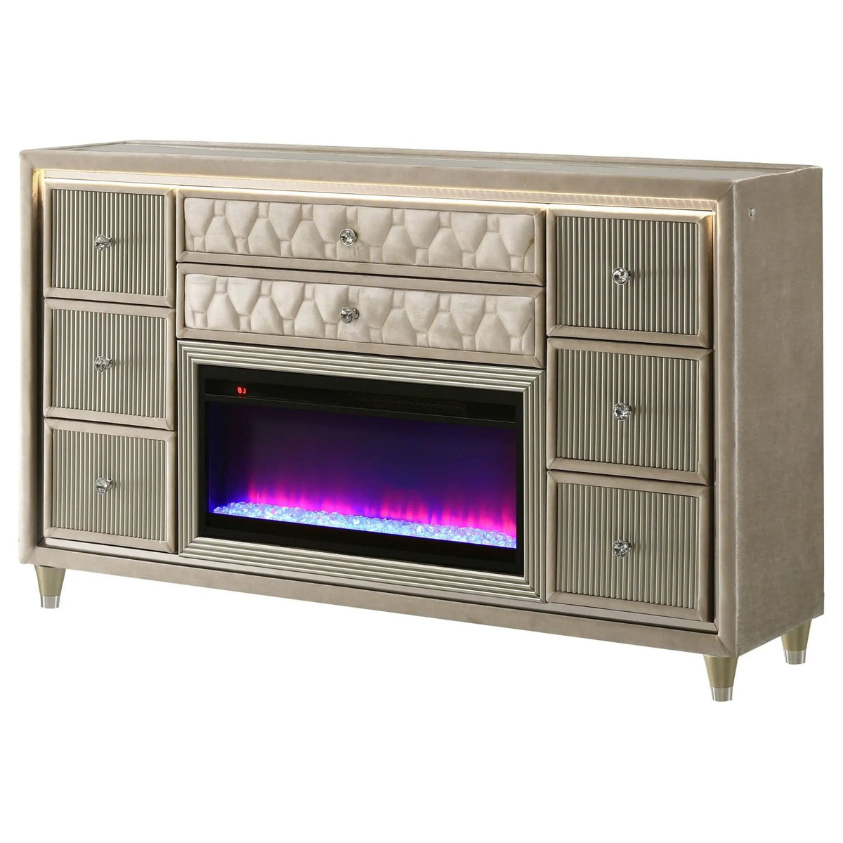 Lorient 8-drawer LED Bedroom Flame Box Dresser Ivory Camel | 66.25 x 16.25 x 39.25 in | Rubberwood & Velvet | Bedroom