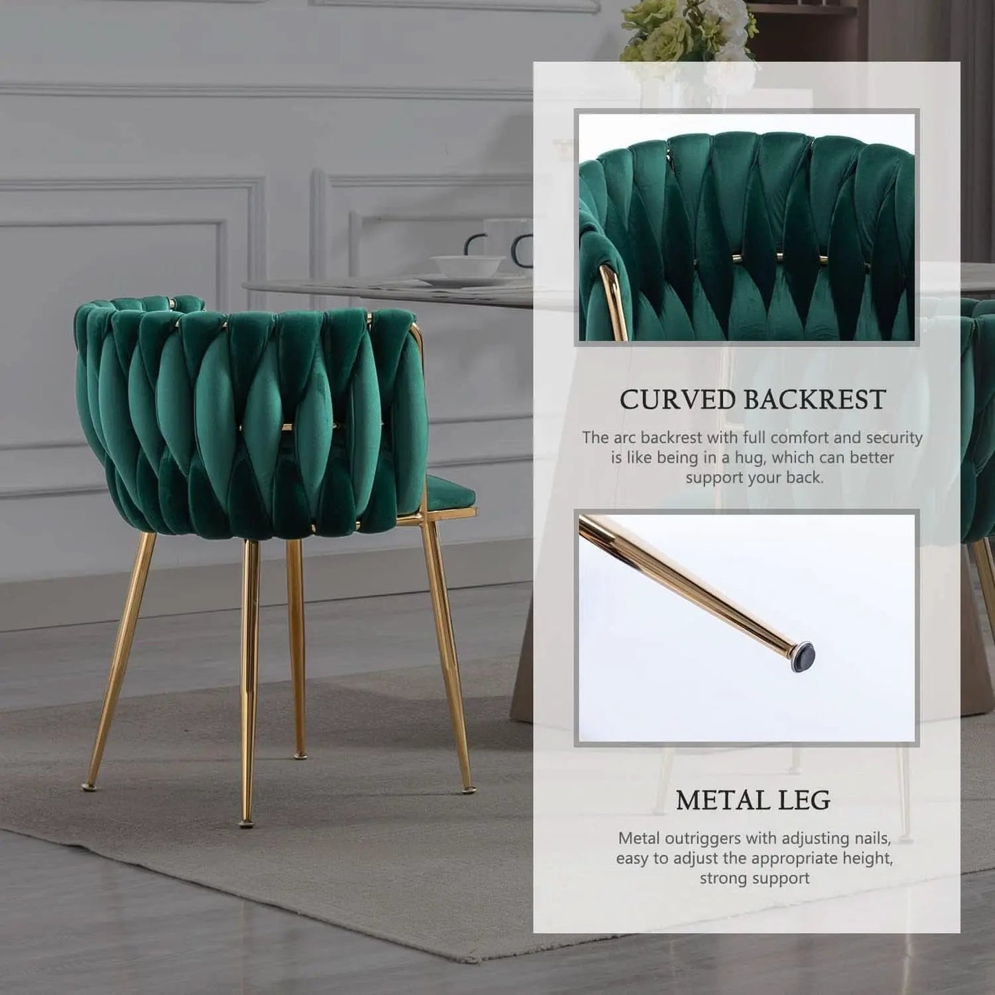 Velvet Dining Chairs Set of 4 With Gold Metal Legs in Green from PriceLows™