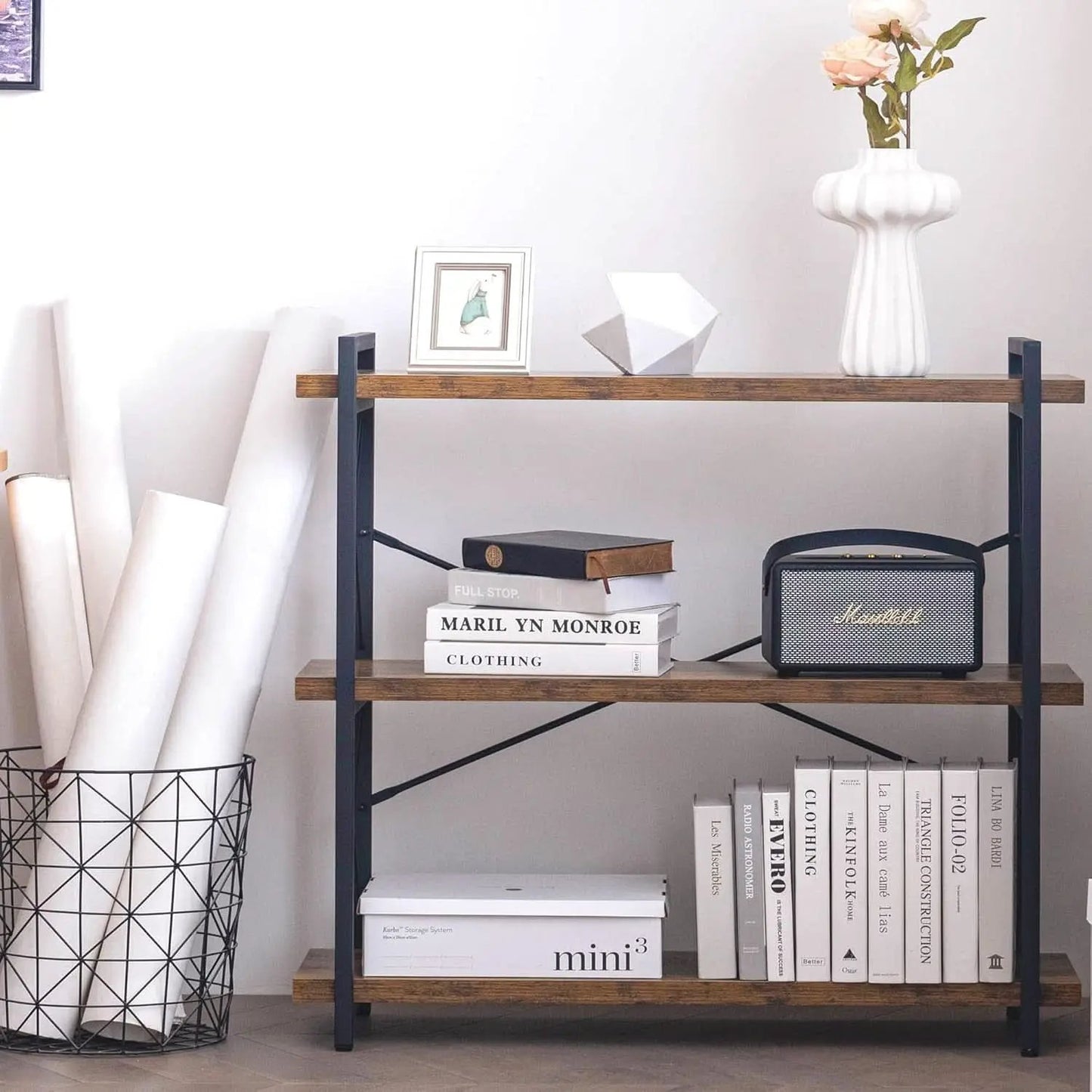 3 Tier Industrial Bookshelf Rustic Wood And Metal Open from PriceLows™