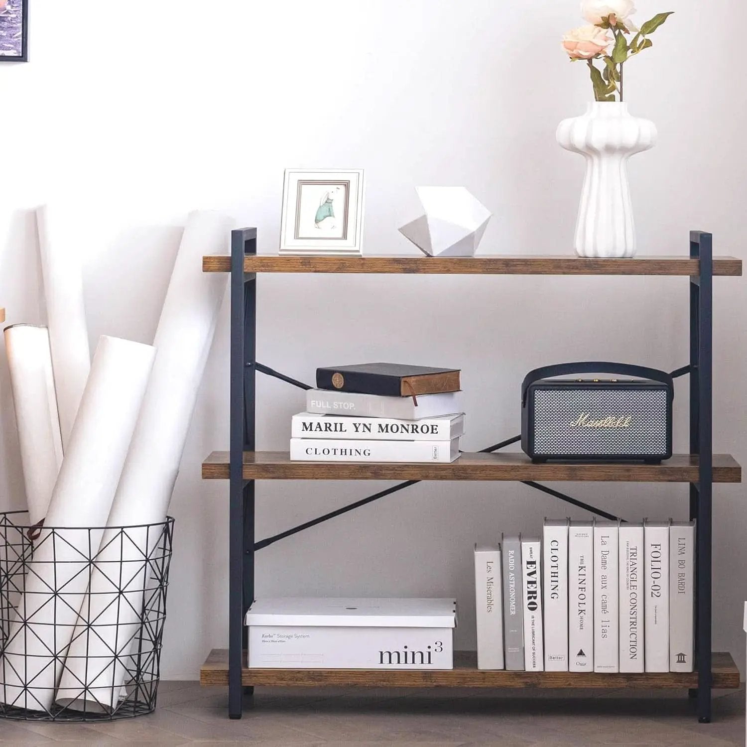 3 Tier Industrial Bookshelf Rustic Wood And Metal Open from PriceLows™
