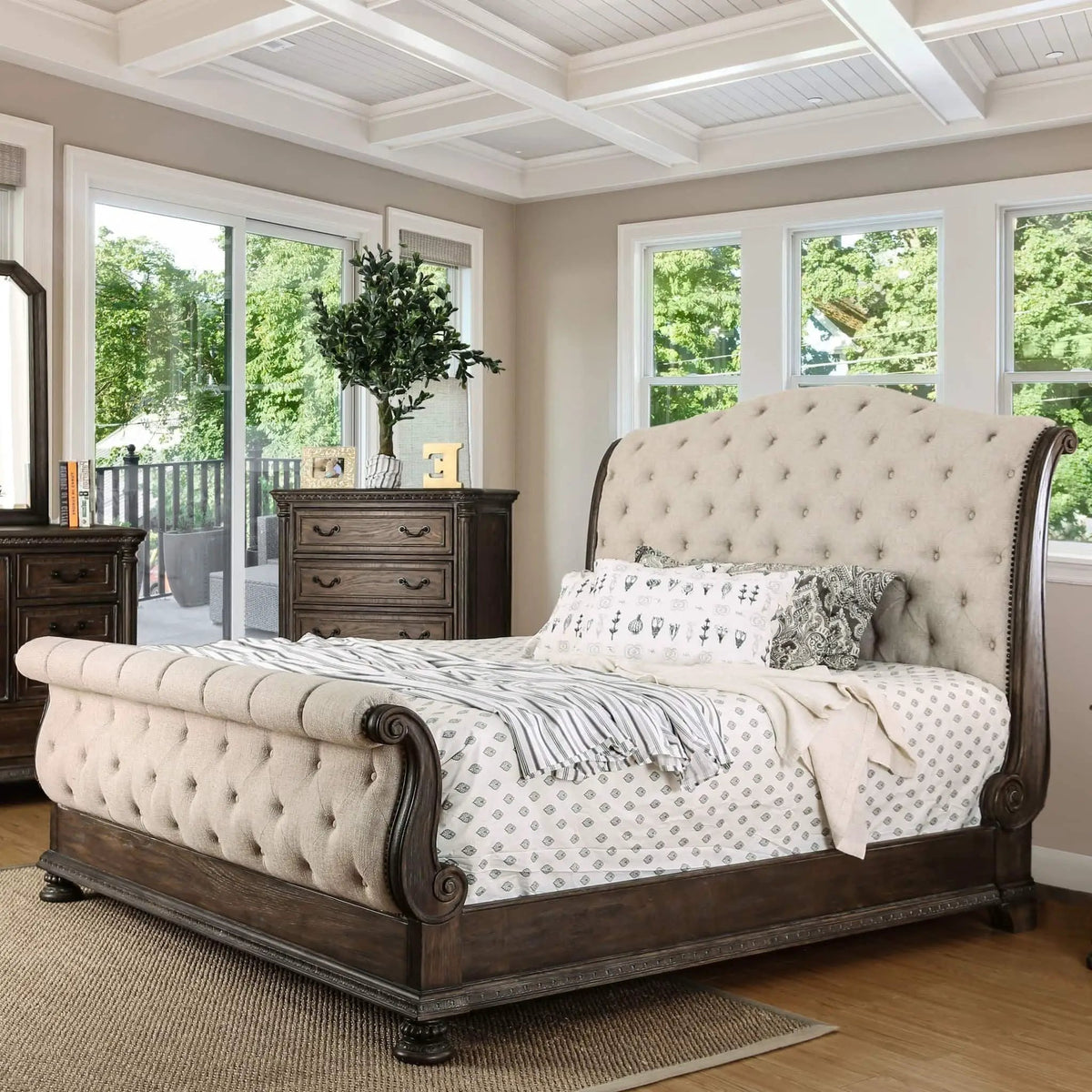 Sleigh Bed | Button Tufted Fabric Headboard | Footboard | Rustic Natural Tone