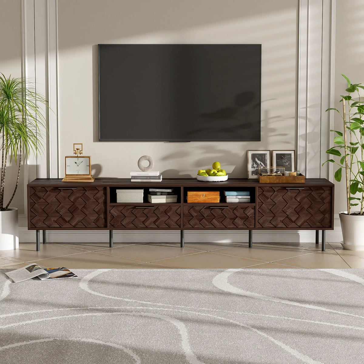 85 Inch TV Stand | Closed Storage | 3D Diamond Interwoven Pattern | Soft Closing Hinges