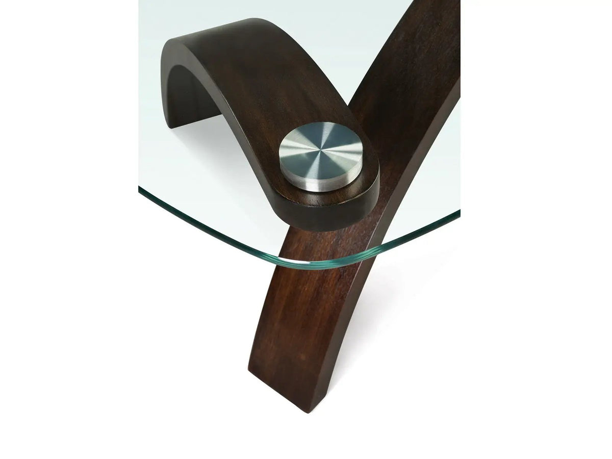 Allure End Table | Criss-Crossed Arched Base | Shaped Glass Top | Contemporary Urban Style