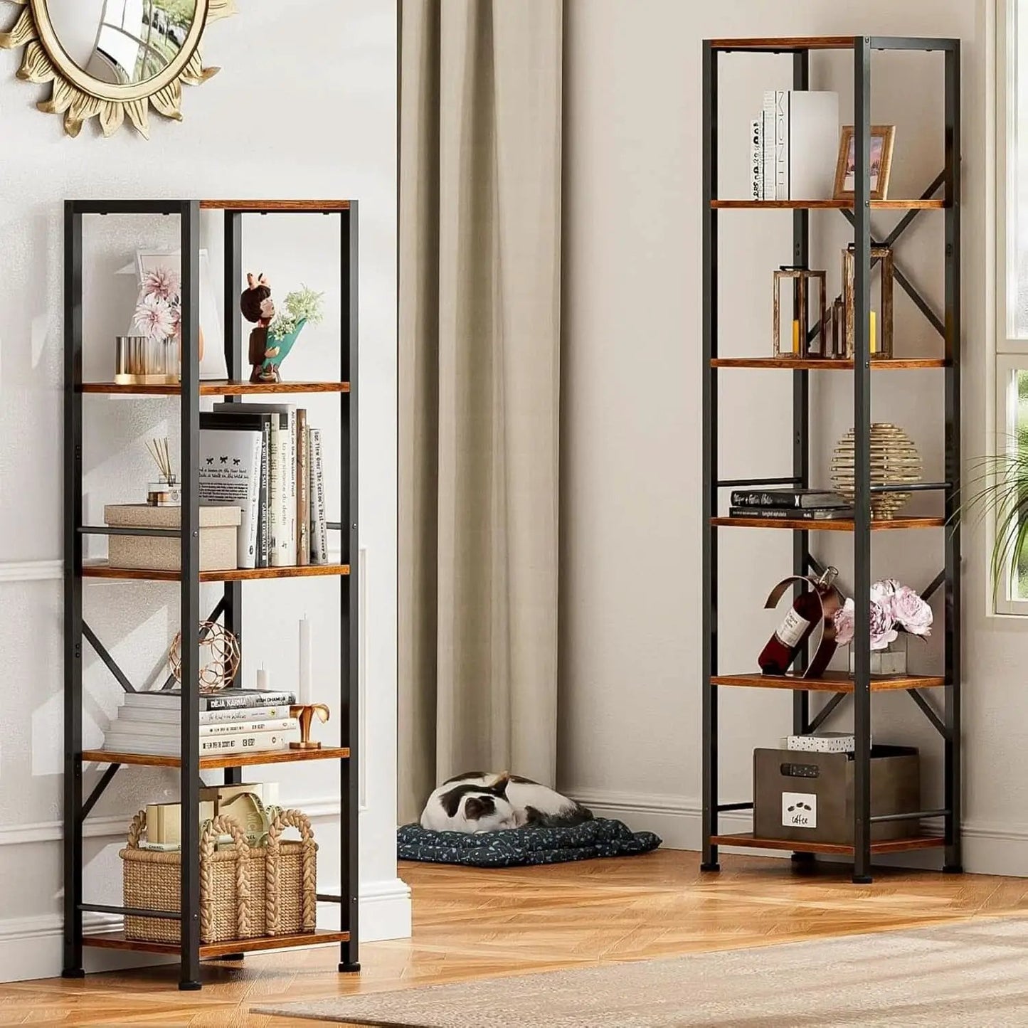 Tall Industrial Bookcase 6 Tier Rustic Brown Storage from PriceLows™