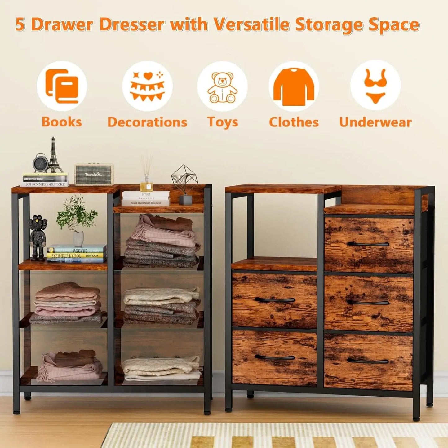 5 Drawer Rustic Brown Dresser With Metal Frame For Bedroom from PriceLows™