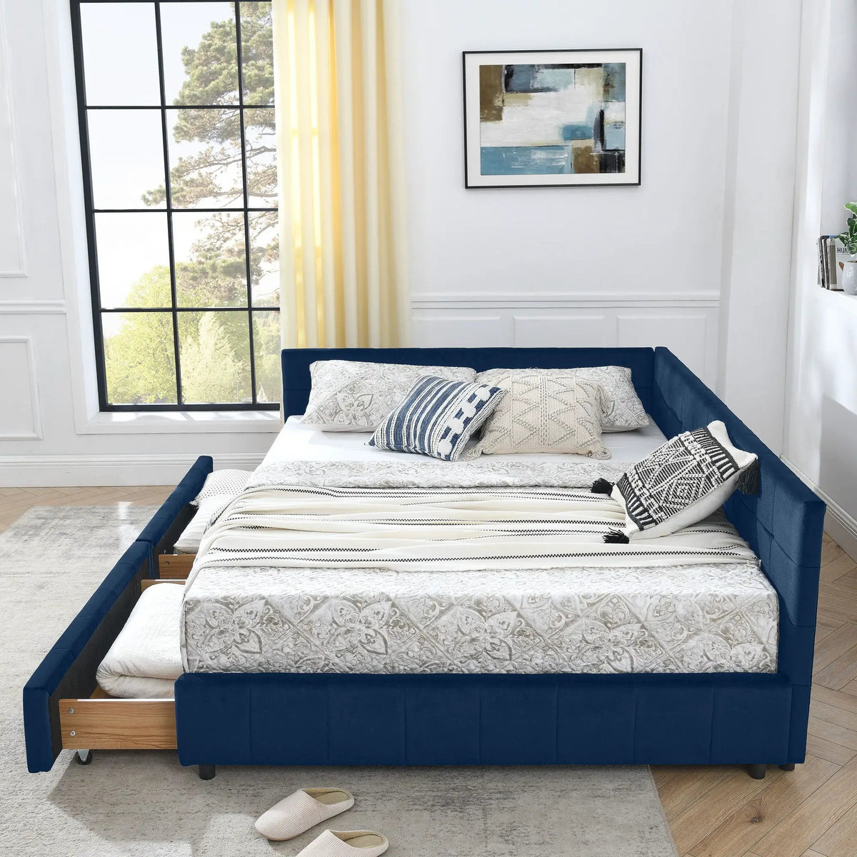 Upholstered Storage Bed Frame | Tufted Backrest And Armrests | Mid-Century Style | Bed Or Sofa Use