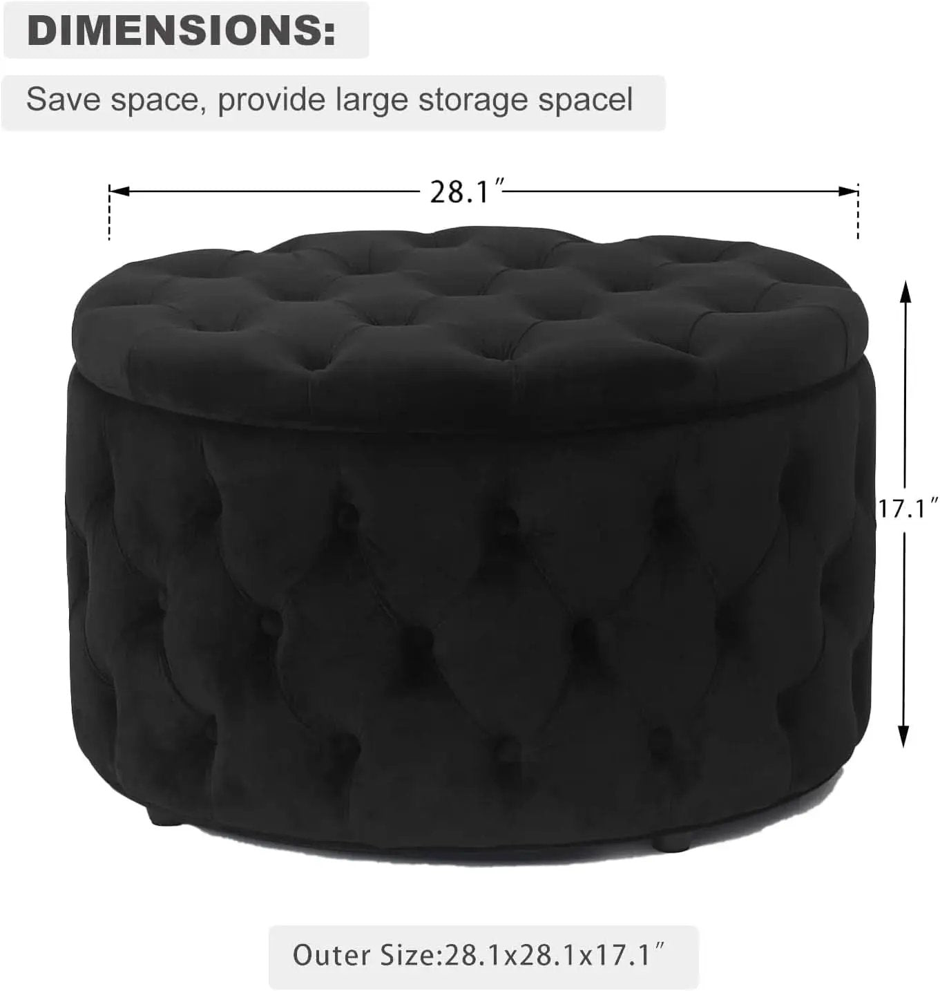 Twenty EightInch Velvety Round Storage Ottoman Black Tufted from PriceLows™