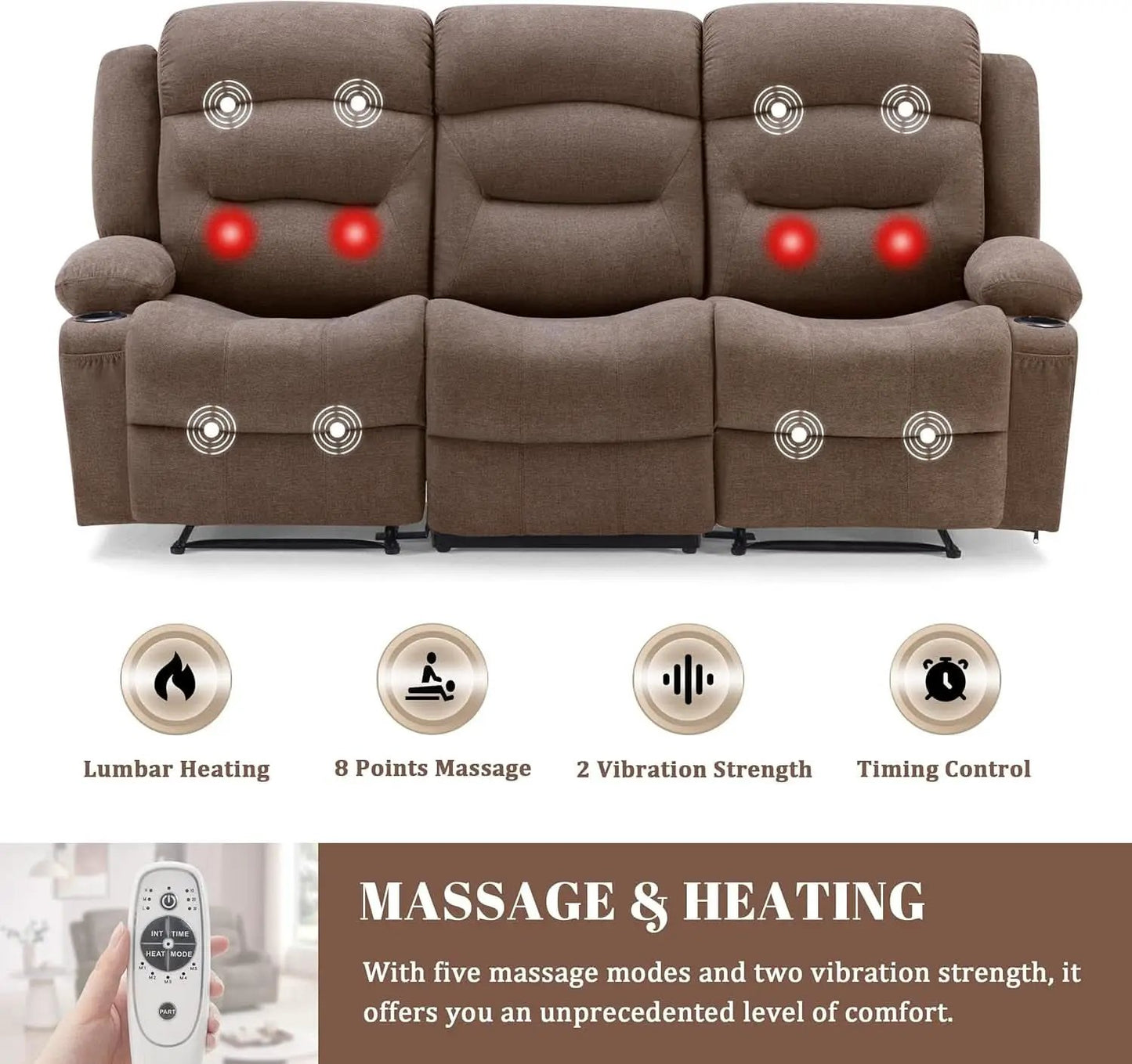Brown Fabric Recliner Sofa With Heated Massage USB Port from PriceLows™