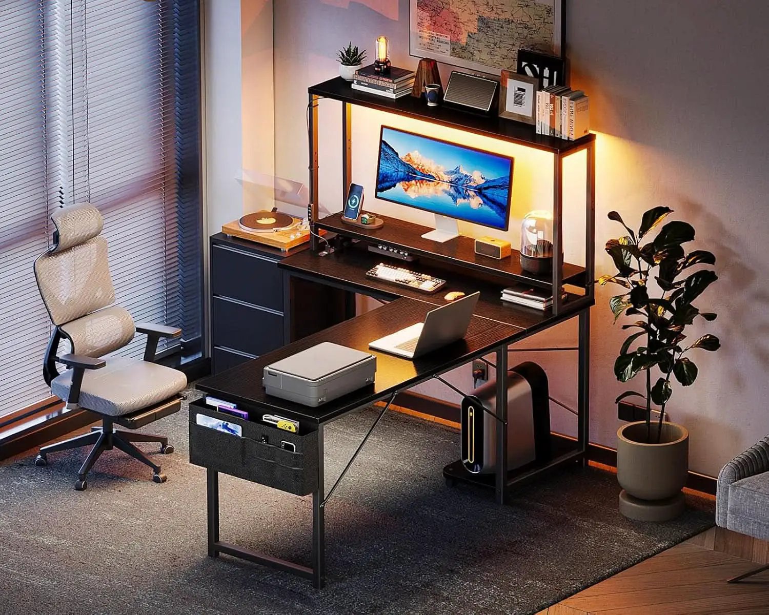 L Shaped Gaming Desk With LED Lights And Power Outlets from PriceLows™