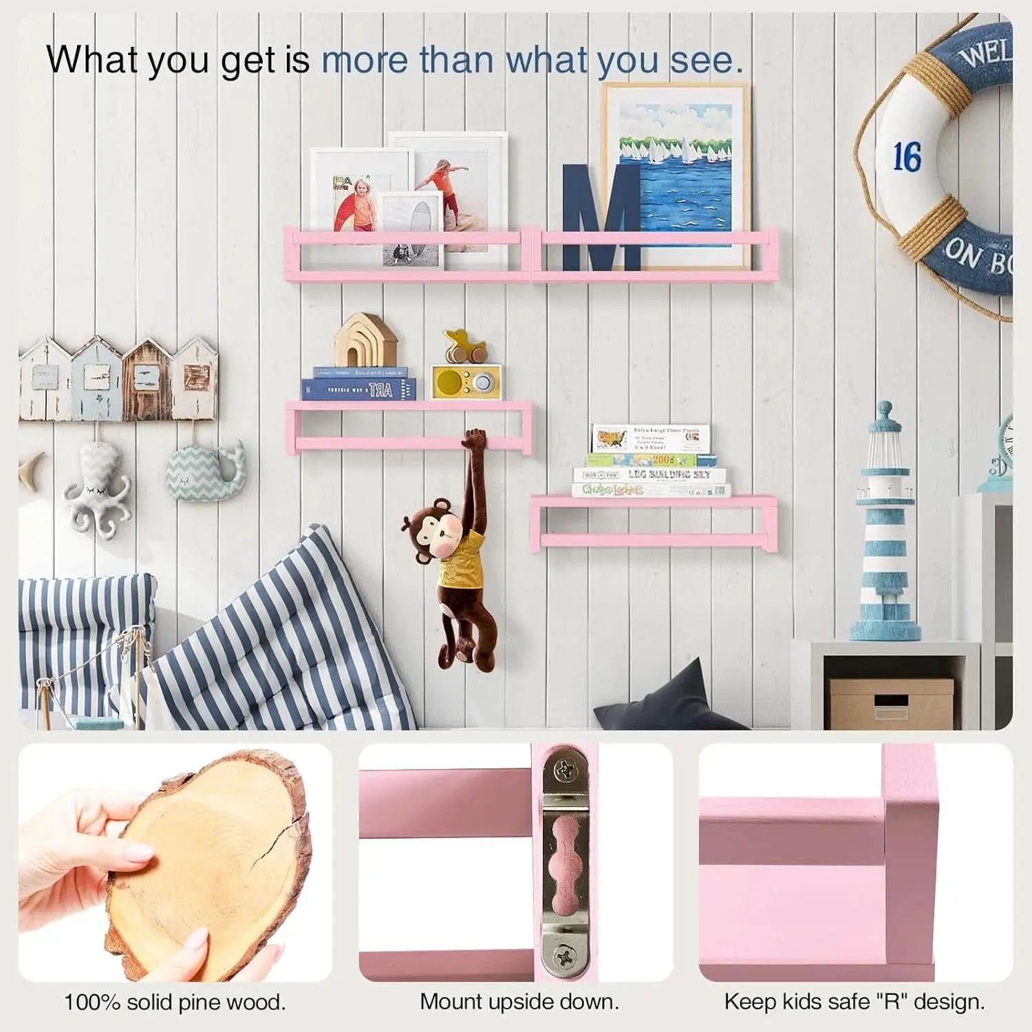Pink Floating Wall Shelves Set Of 4 Wooden Bookshelves from PriceLows™