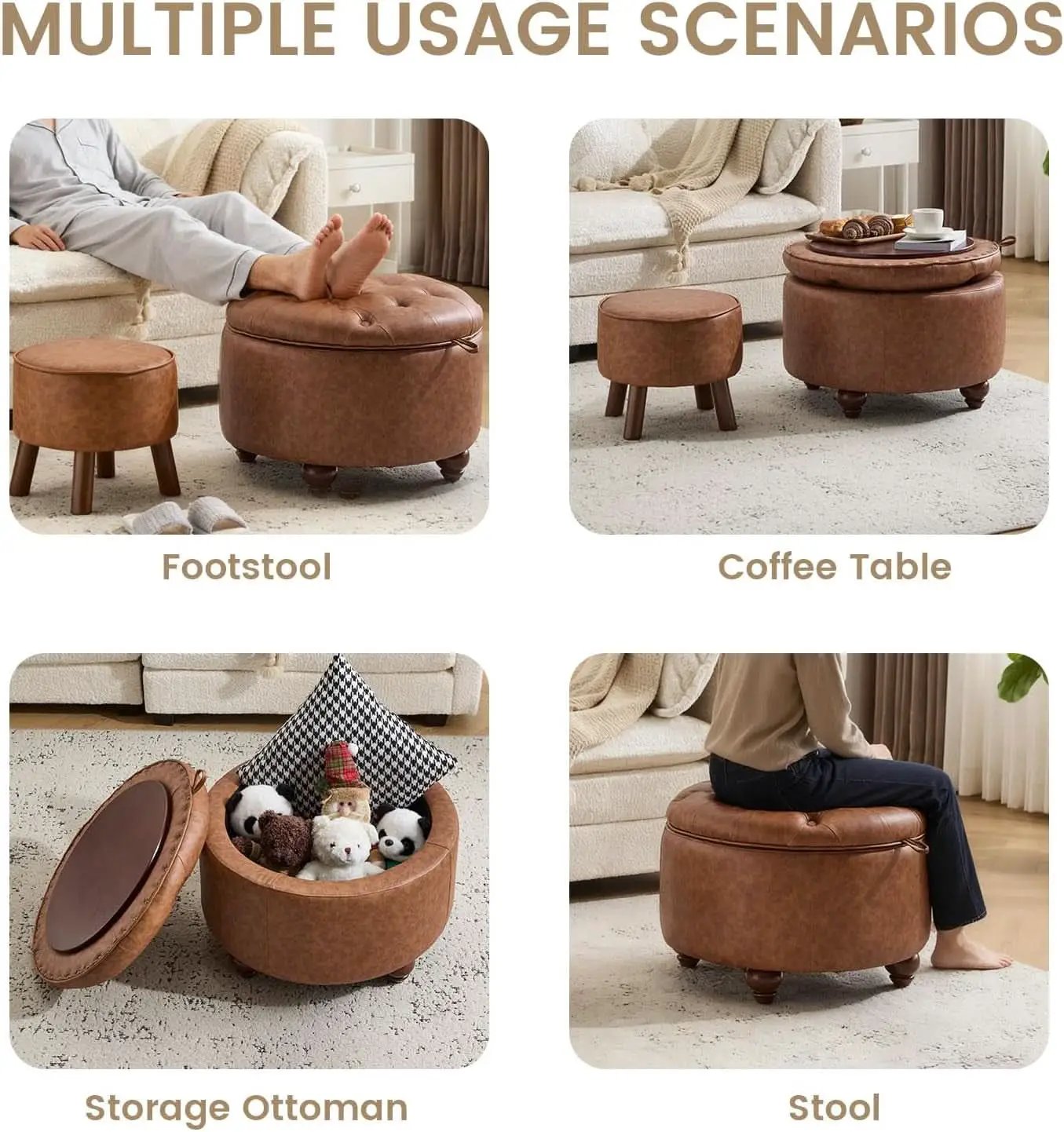 Twenty FourInch Round PU Leatherette Storage Ottoman from PriceLows™