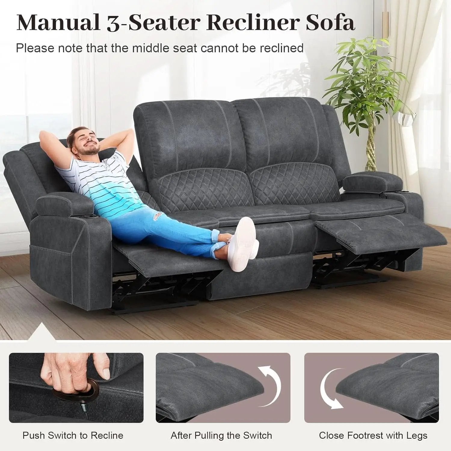 Grey 3 Seater Recliner Sofa Set With Removable Console For Living Room Comfort And Style from PriceLows™