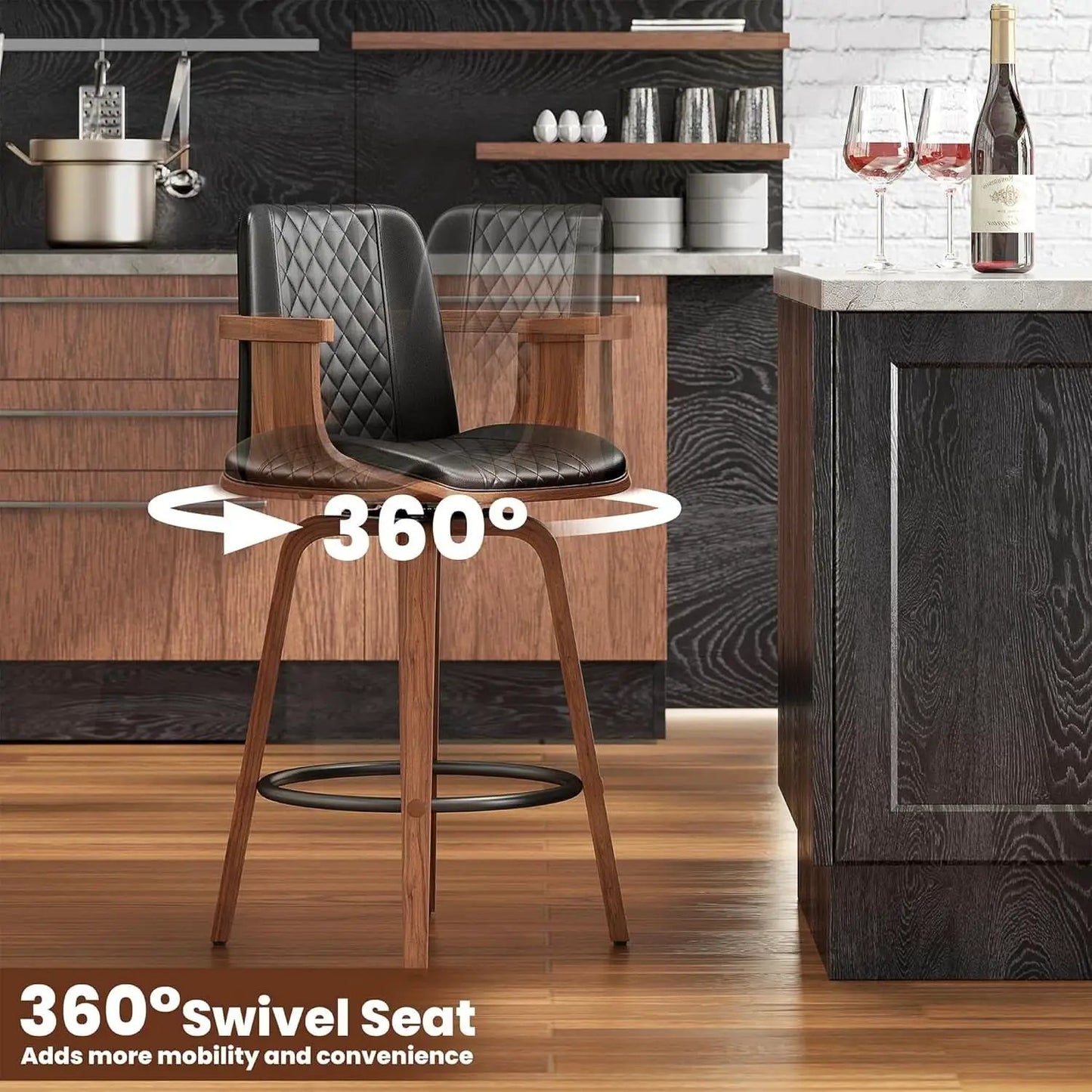 Set Of 3 26 Inch Bar Stools Black PU Leather Upholstery from PriceLows™