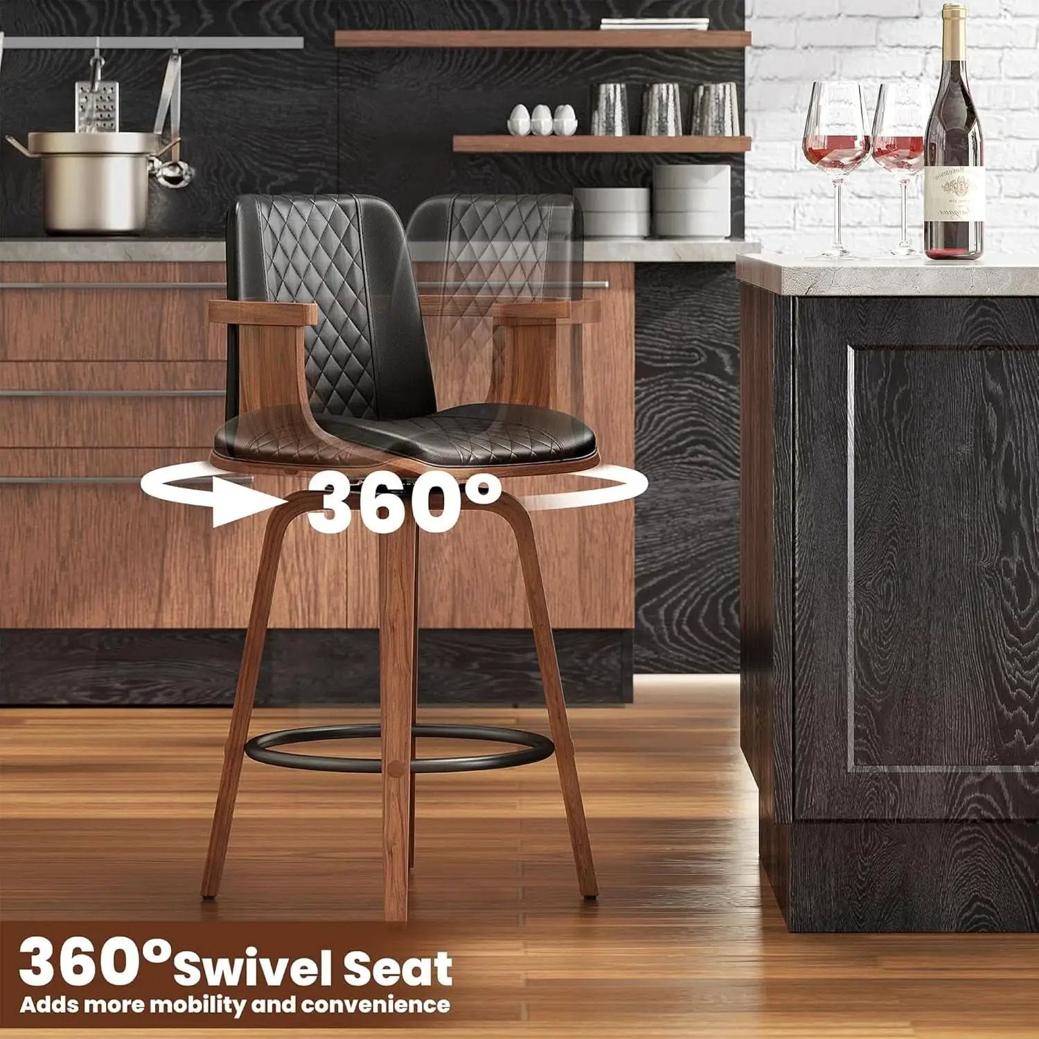 Set Of 3 26 Inch Bar Stools Black PU Leather Upholstery from PriceLows™
