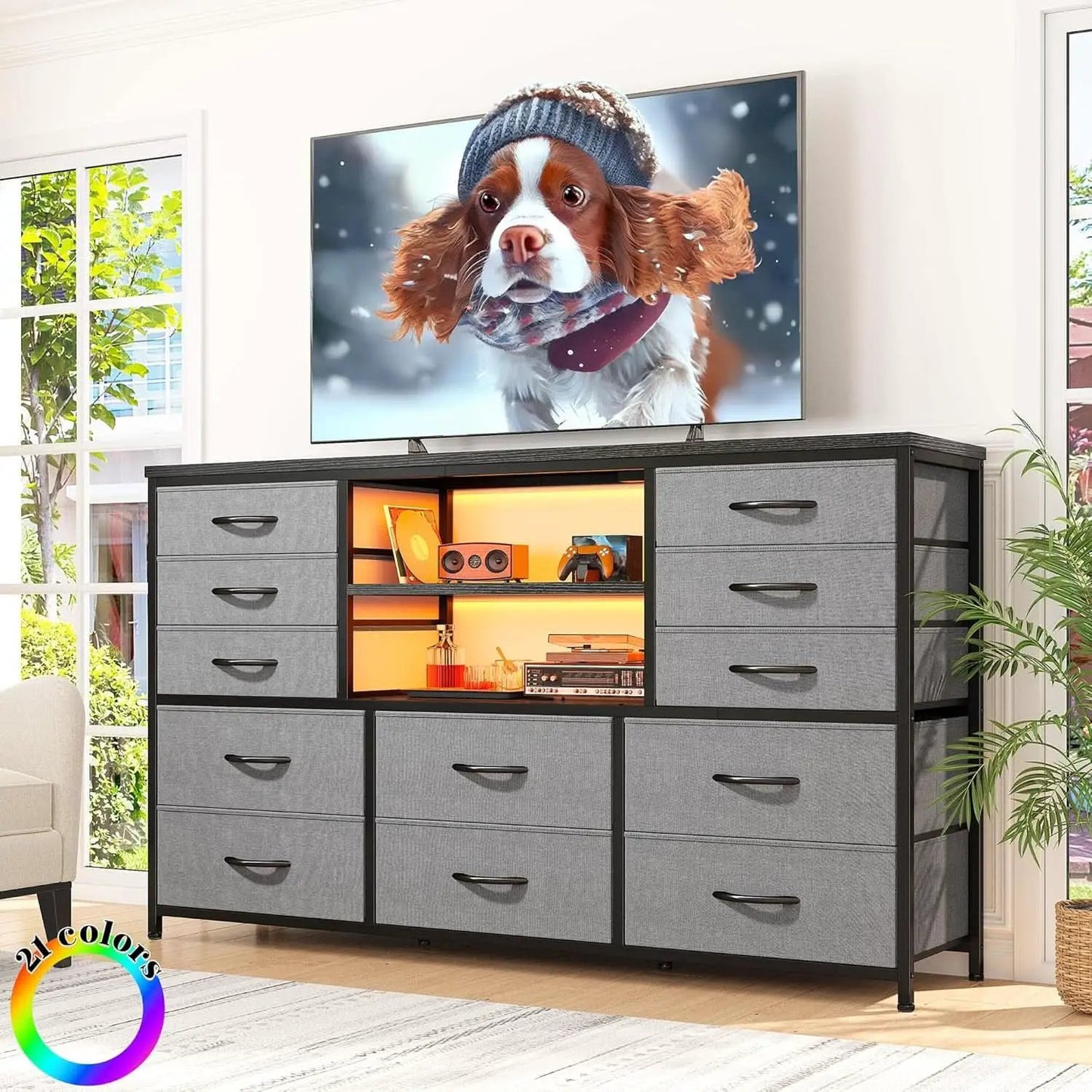 12 Drawer Long Dresser With LED Lights And Built In Power Outlet For Bedroom Storage from PriceLows™