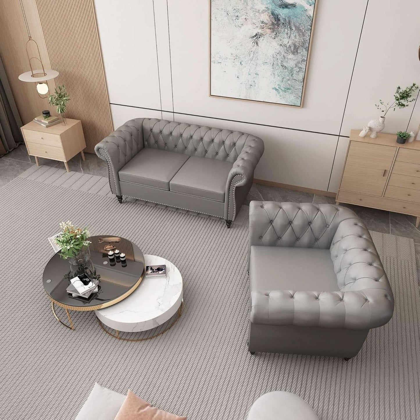 Grey Chesterfield Leather Living Room Set With Scroll Arms from PriceLows™
