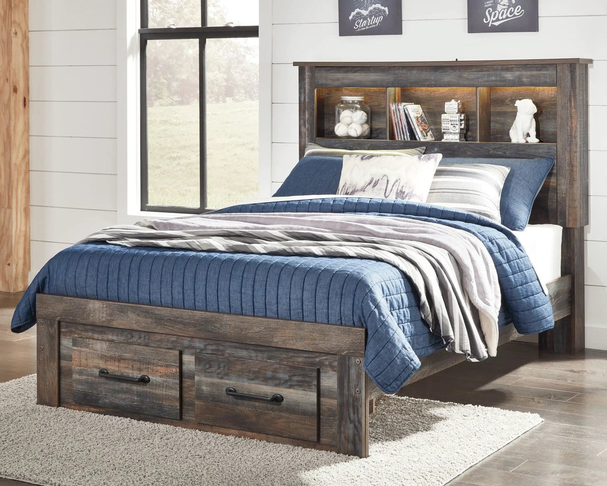 Drystan Panel Bookcase Bed | Storage Headboard | Rustic Industrial Style | 85 Inch Length