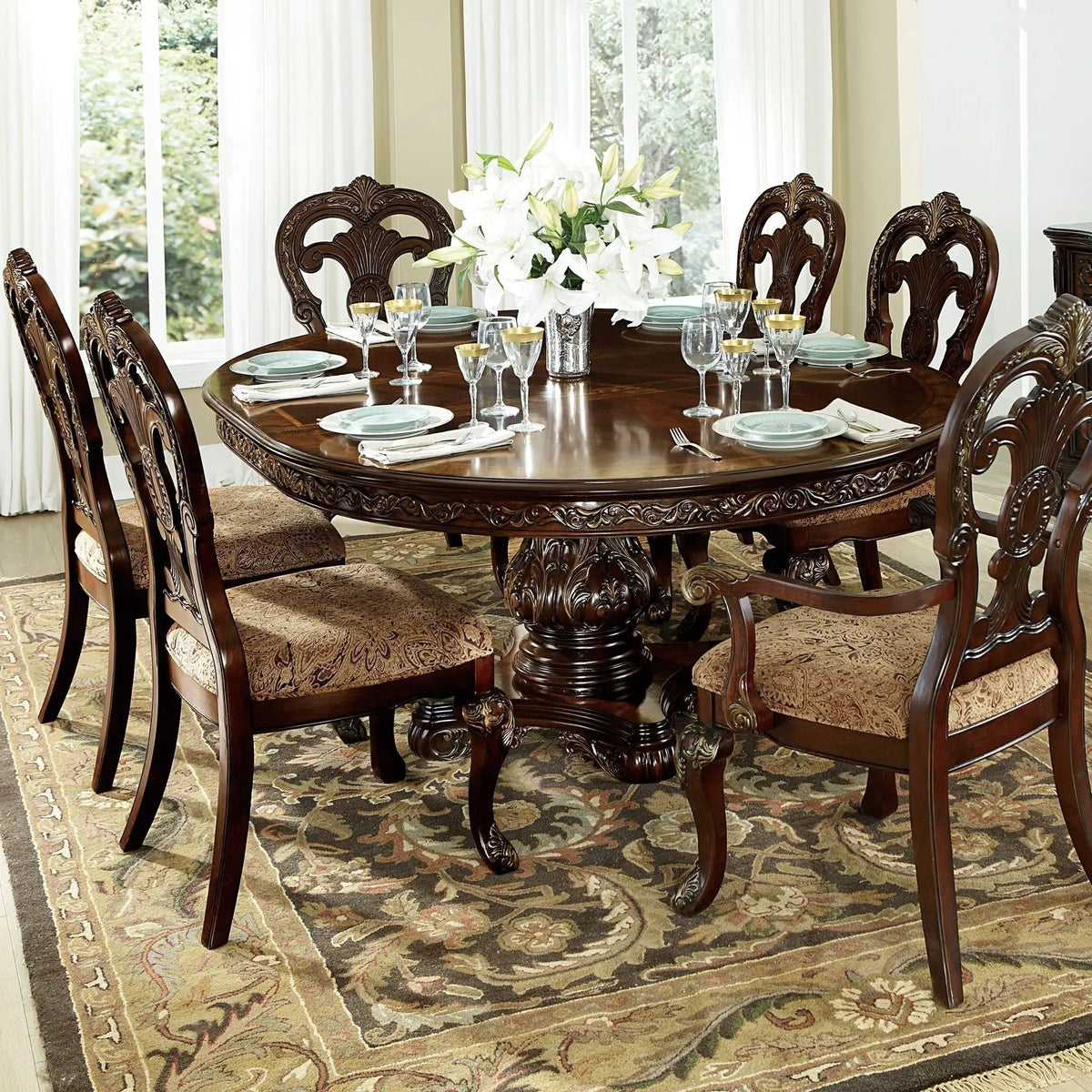 Traditional Side Chairs | Cherry Finish | Fabric Upholstered | Set Of 2