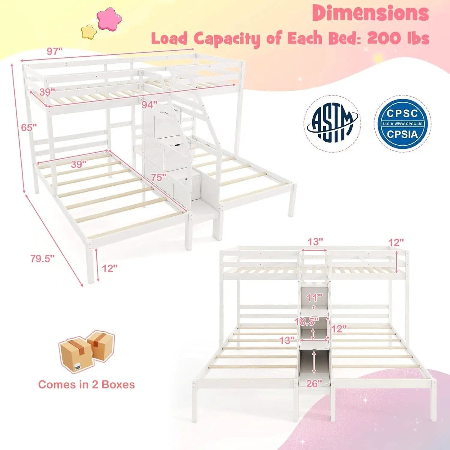 White Solid Wood Triple Bunk Bed With Storage Stair from PriceLows™