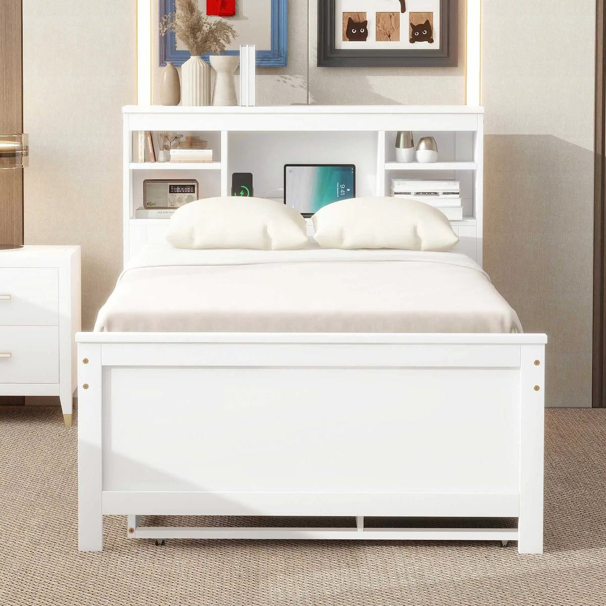 Platform Bed | Storage Headboard | USB Ports | Twin Trundle