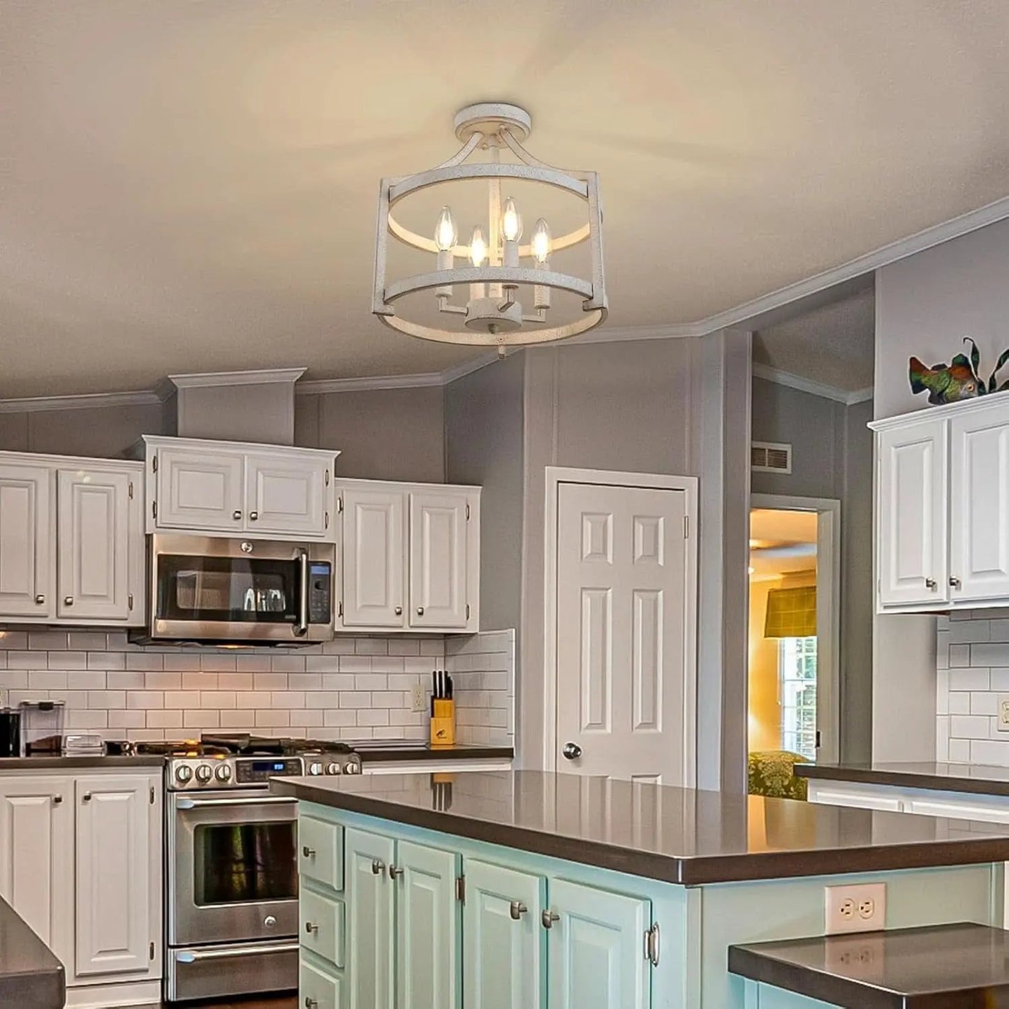 Distressed White 4 Light Farmhouse Chandelier Convertible Mount from PriceLows™