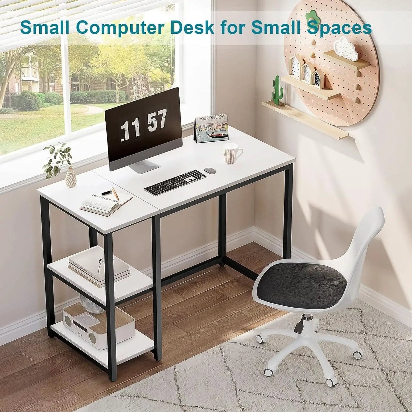 40 Inch White Computer Desk With 2 Tier Shelves Home Office from PriceLows™