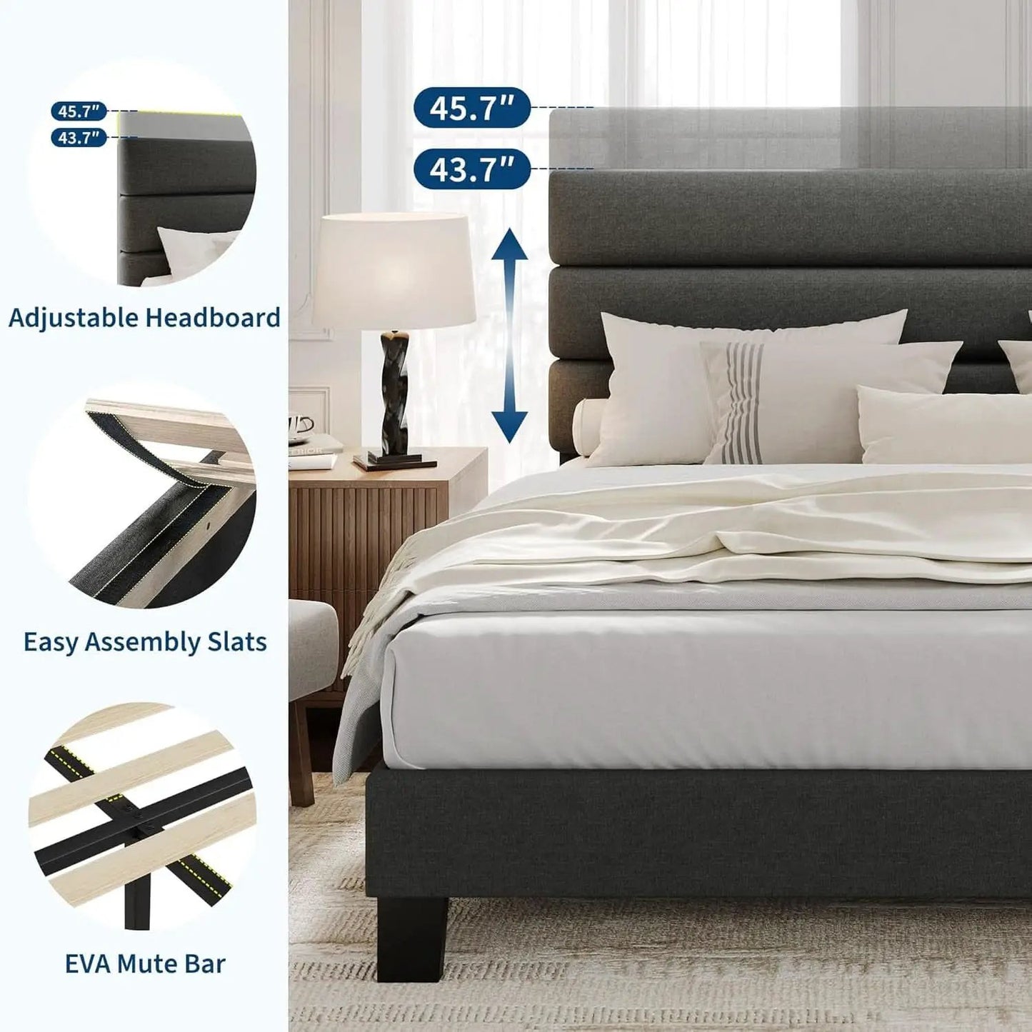 King Size Bed With Adjustable Headboard In Dark Grey from PriceLows™