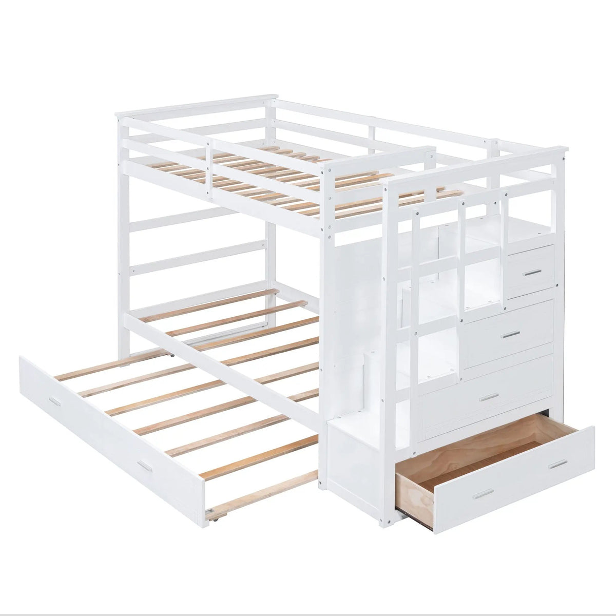 Twin Over Twin Bunk Bed | Trundle And Staircase | Multifunctional Storage Stairs | White
