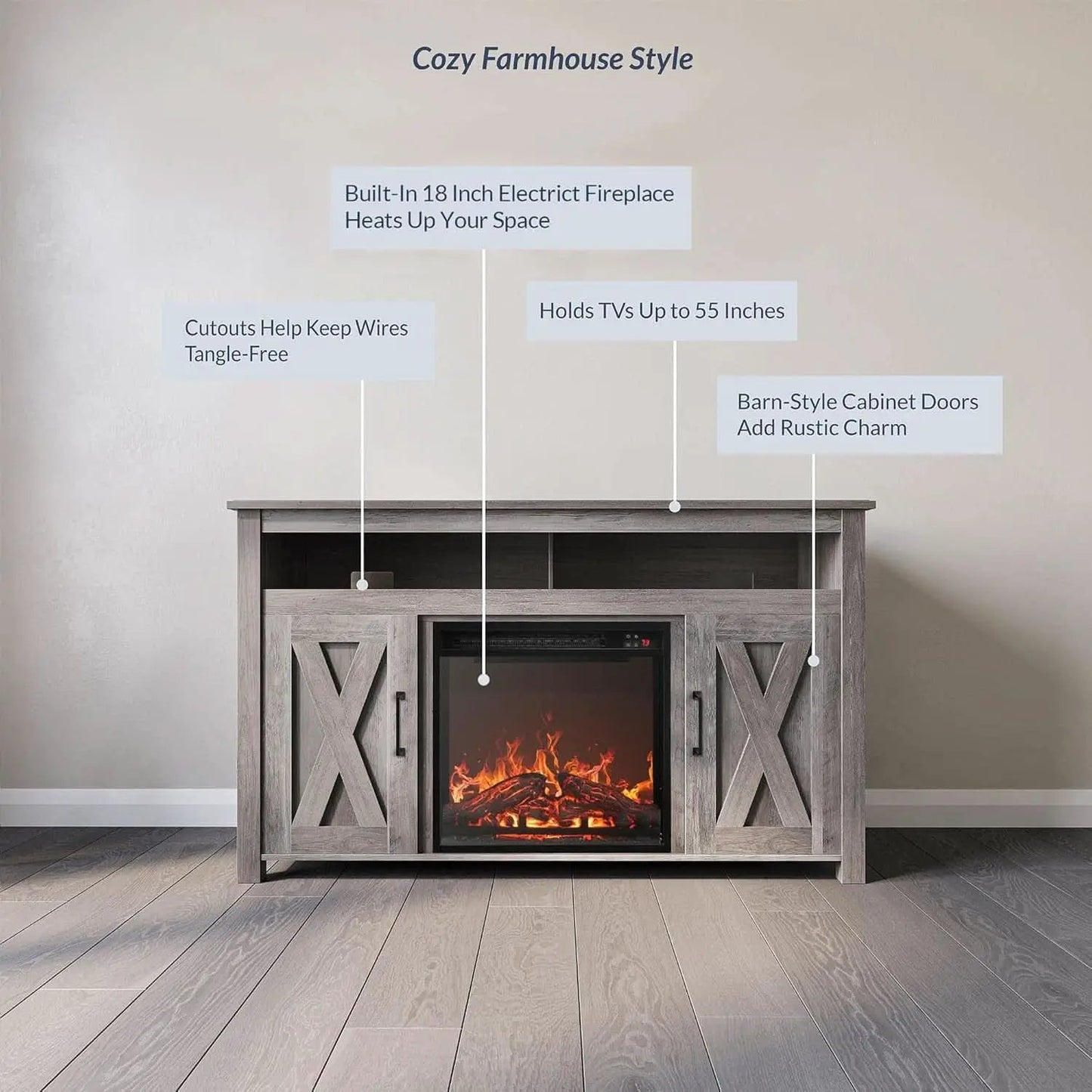 48 Inch Grey Wash TV Stand With Electric Fireplace from PriceLows™