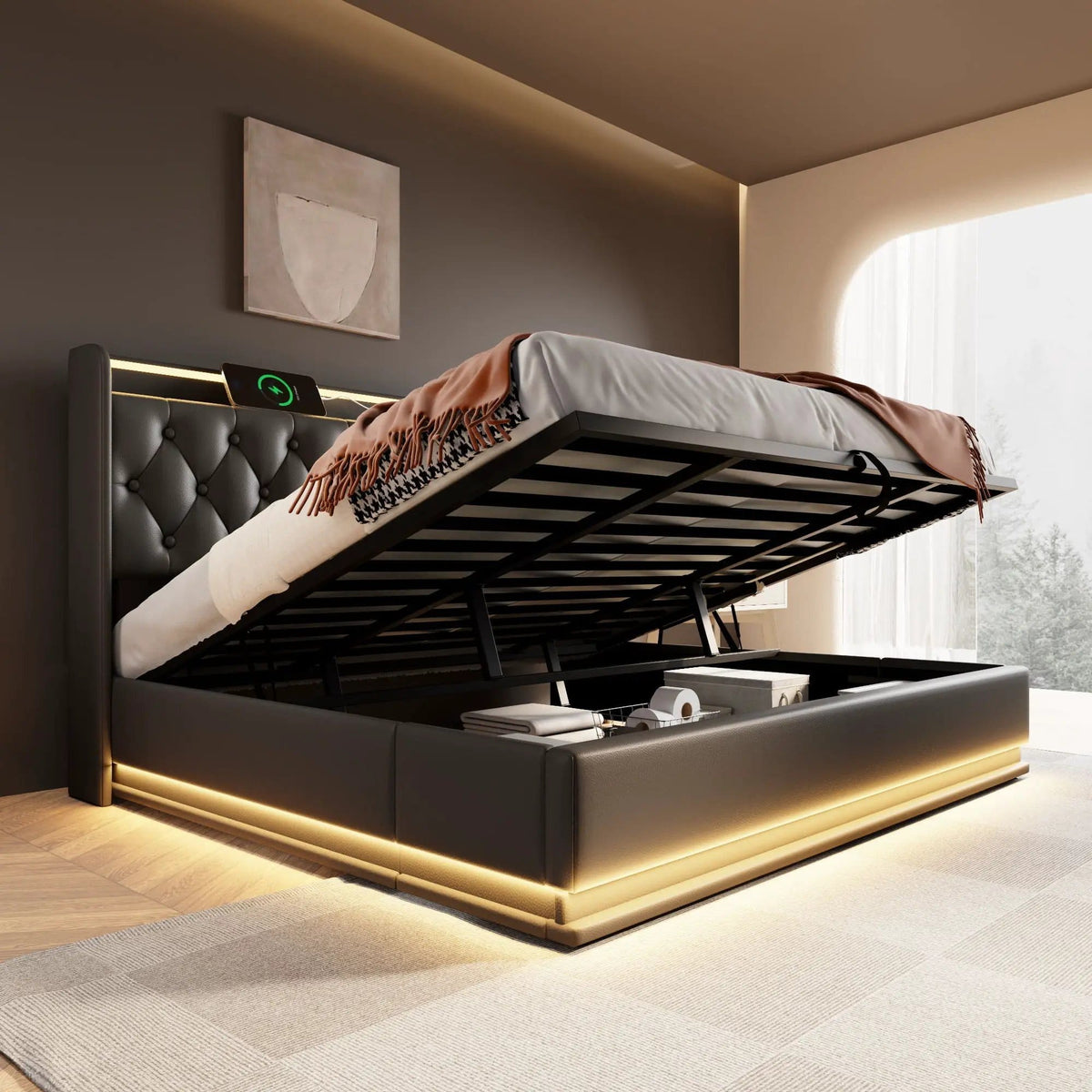 Upholstered Bed, 360 Surround LED Function, Remote Control, Hydraulic Storage Bed | 8 Pieces | Fabric & Iron | Bedroom