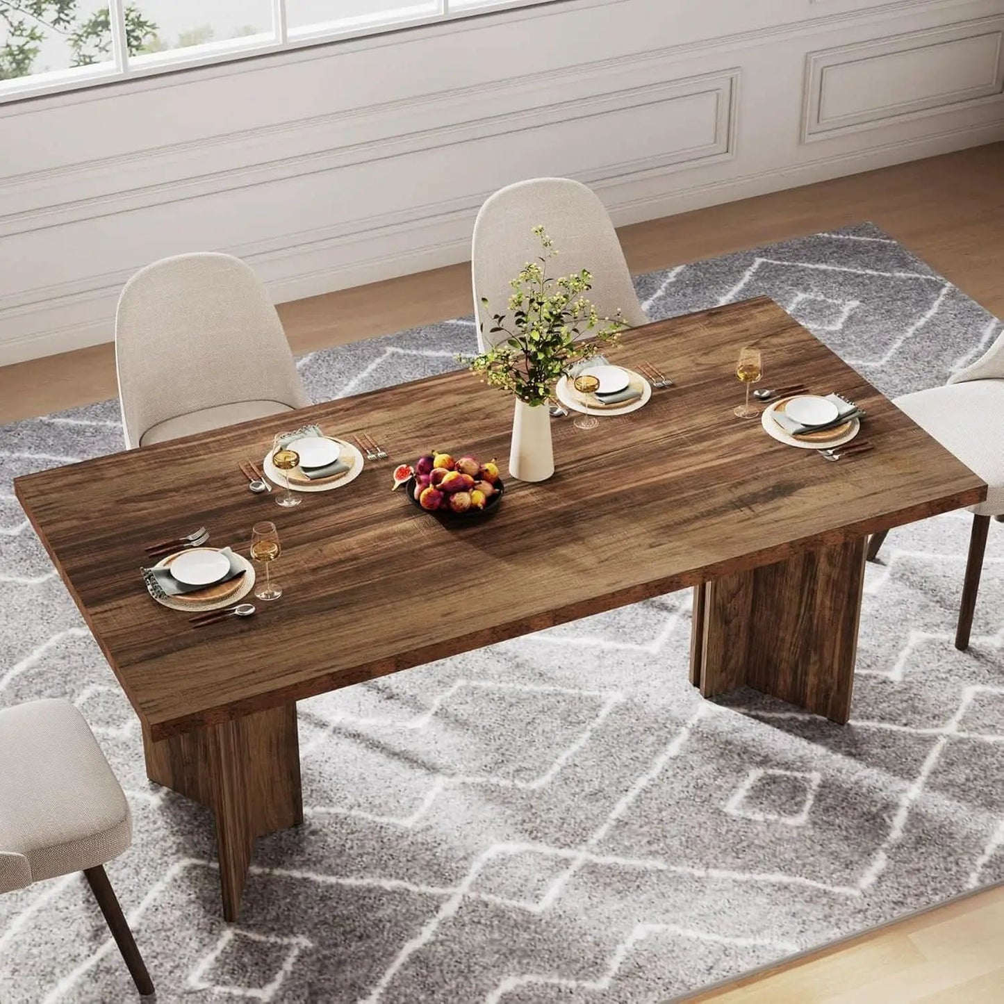 63 Inch Dark Brown Farmhouse Dining Table With Large Tabletop For 4 To 6 People from PriceLows™