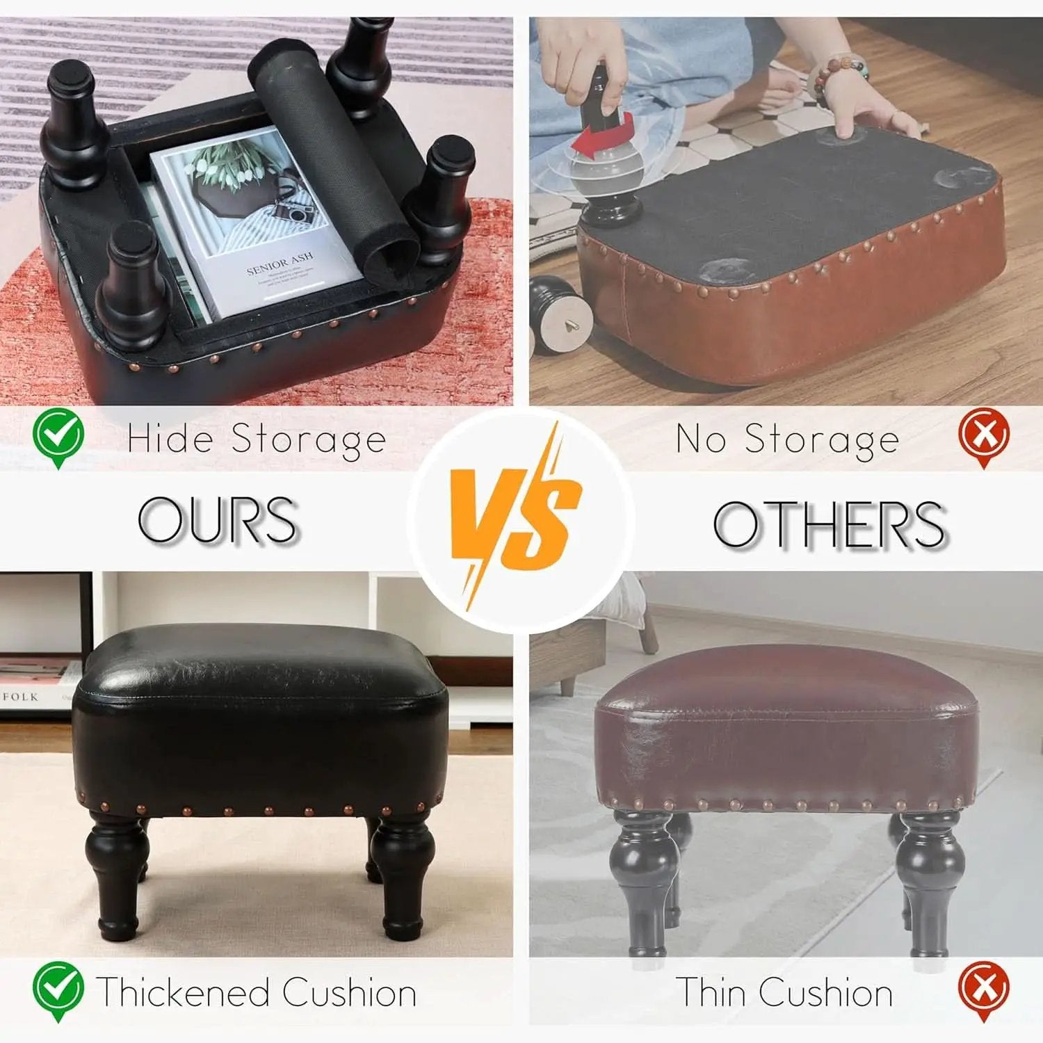 Black Leather Ottoman Footstool With Thick Padded Foam from PriceLows™
