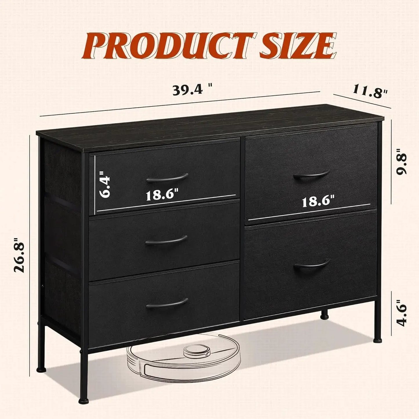 Charcoal Black Fabric Dresser With 5 Drawers For Bedroom Storage from PriceLows™