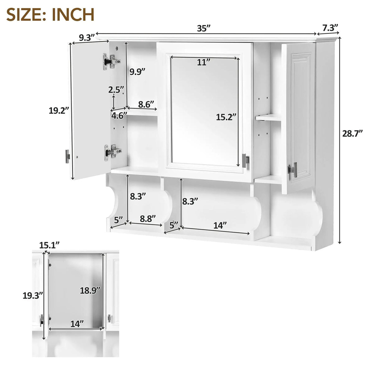 Wall Mounted Medicine Cabinet | Mirror | Open Shelves | 35 Inch Width