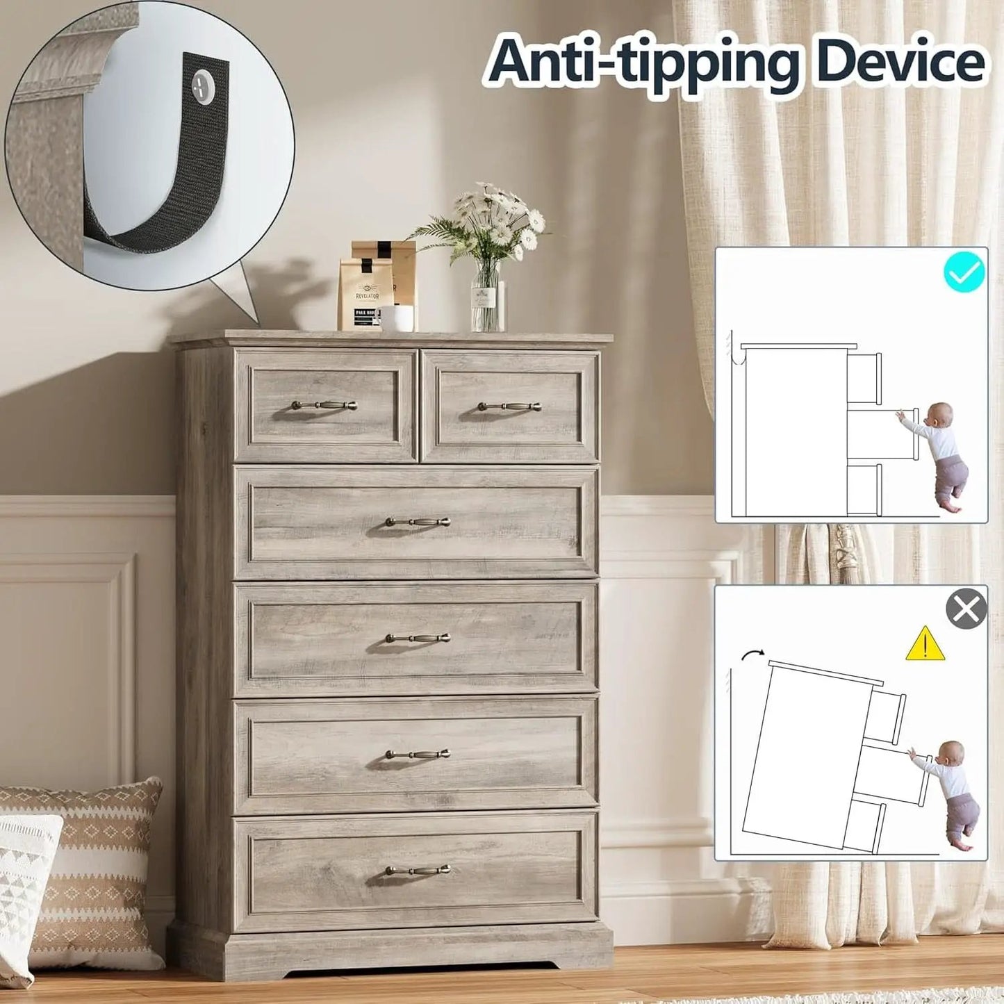 Greywash SolidWood FortyNineInch ExtraTall Six Drawer Dresser from PriceLows™