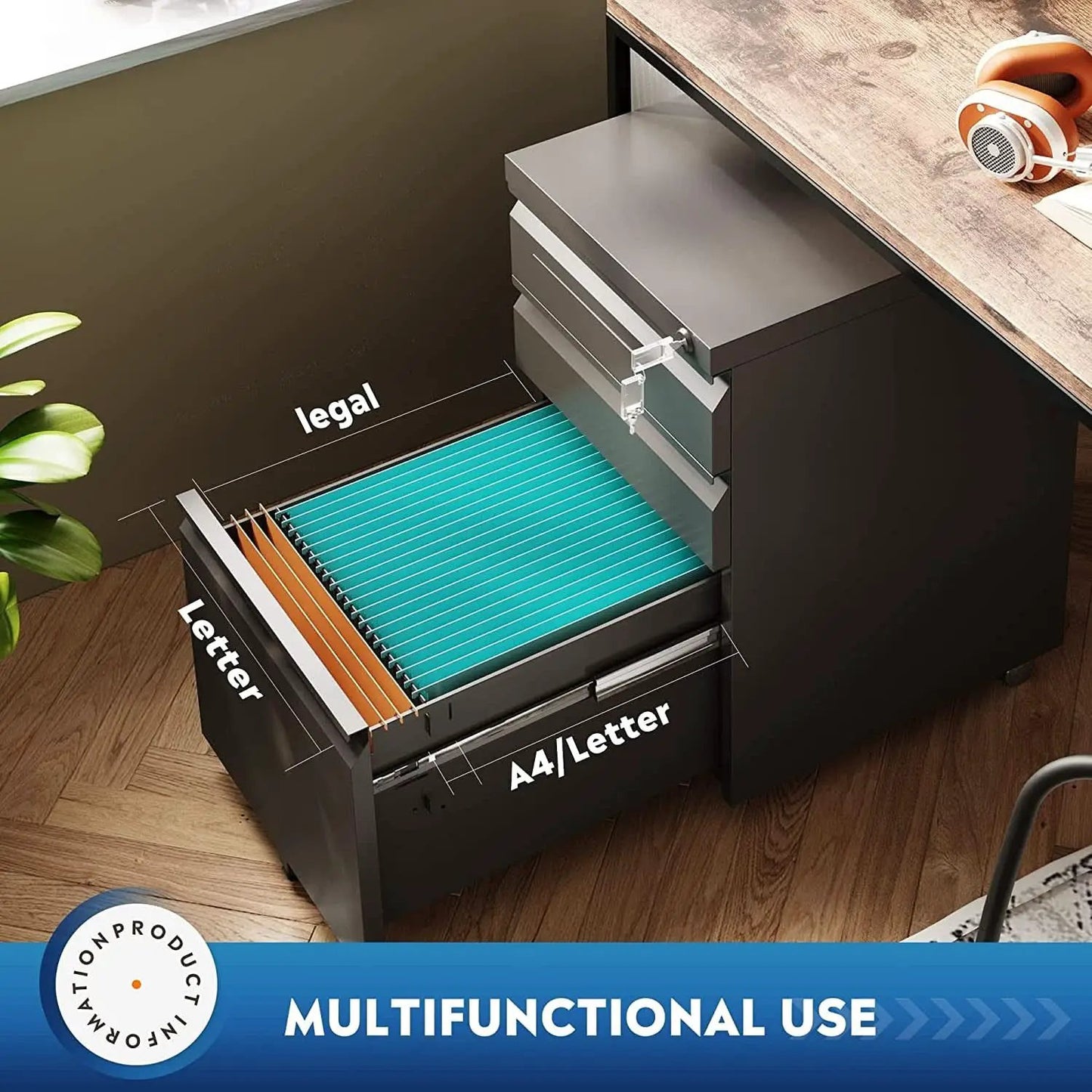Compact Black Mobile Filing Cabinet Lockable With Drawers from PriceLows™
