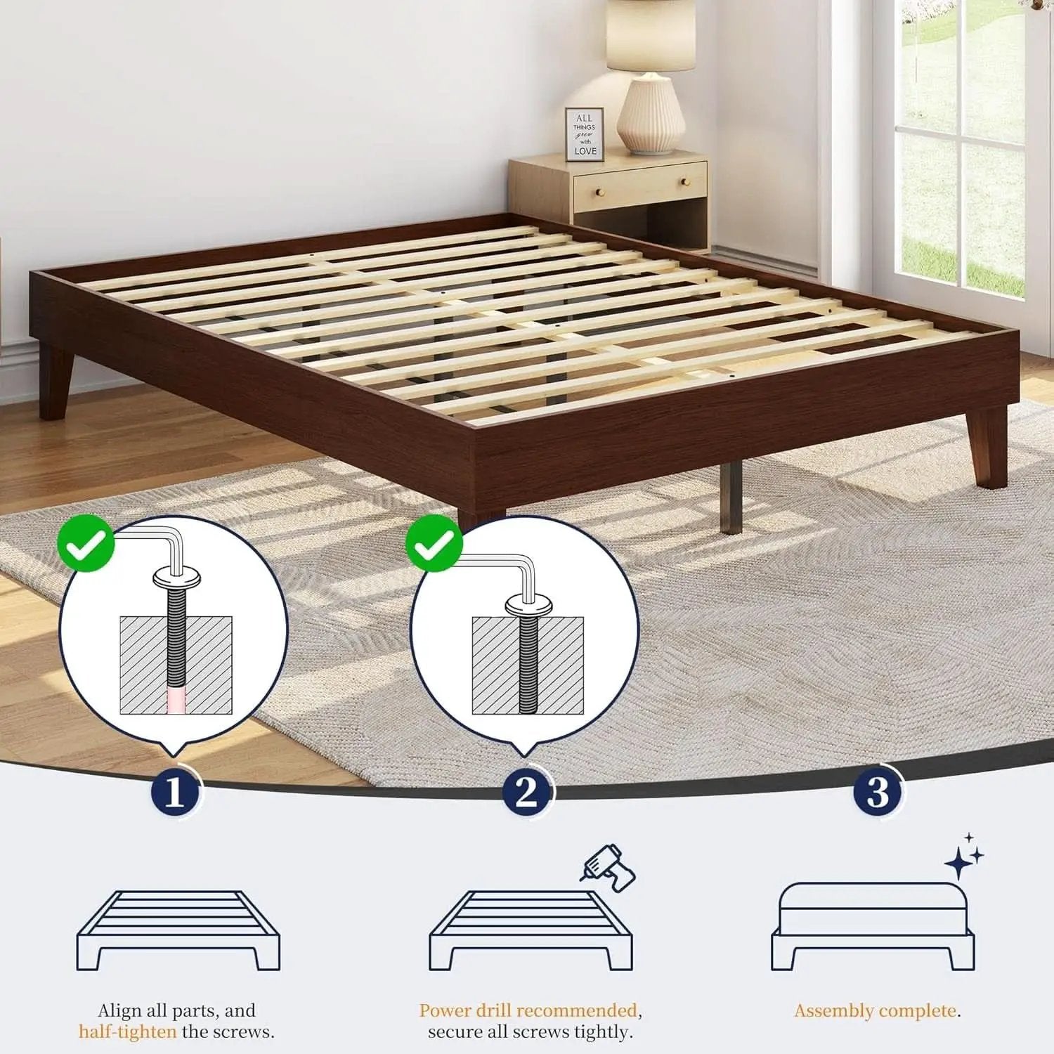 Queen Platform Bed Frame Dark Walnut Underbed Storage from PriceLows™
