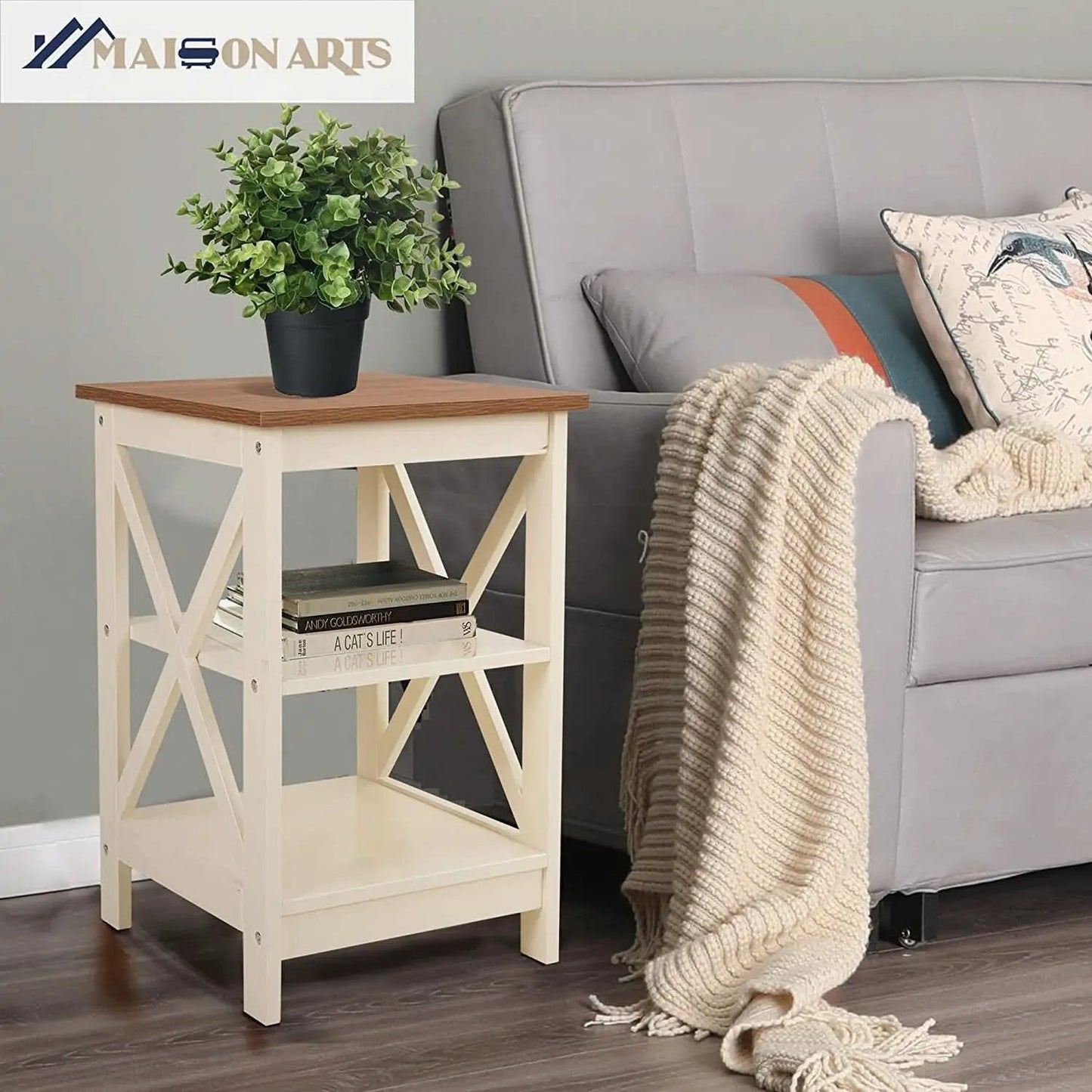 Rustic Ivory End Table Set Of 2 With Shelves 23.6 Inch from PriceLows™