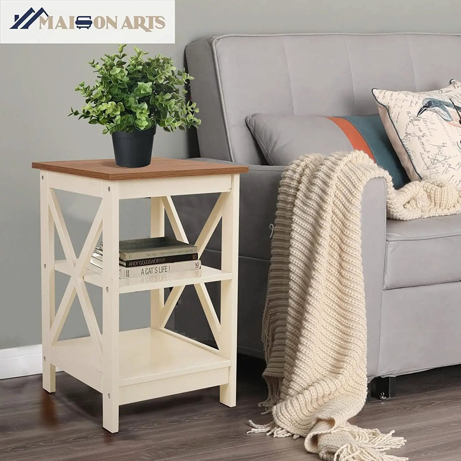 Rustic Ivory End Table Set Of 2 With Shelves 23.6 Inch from PriceLows™
