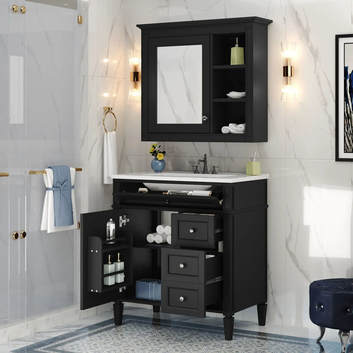 Bathroom Vanity With Top Sink, 2 Doors And 3 Drawers, Freestanding Set With Mirror | Vanity & Cabinet | Solid Wood & Ceramic | Bathroom